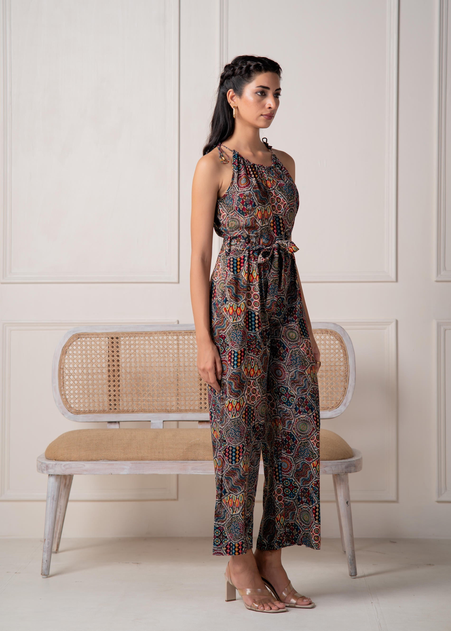 Navy Printed Abstract Viscose Jumpsuit with Belt | DesiQlo