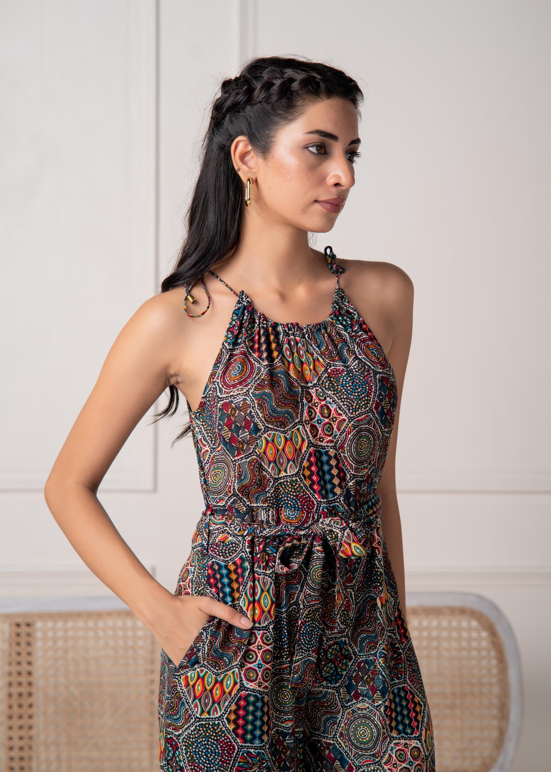 Navy Printed Abstract Viscose Jumpsuit with Belt | DesiQlo