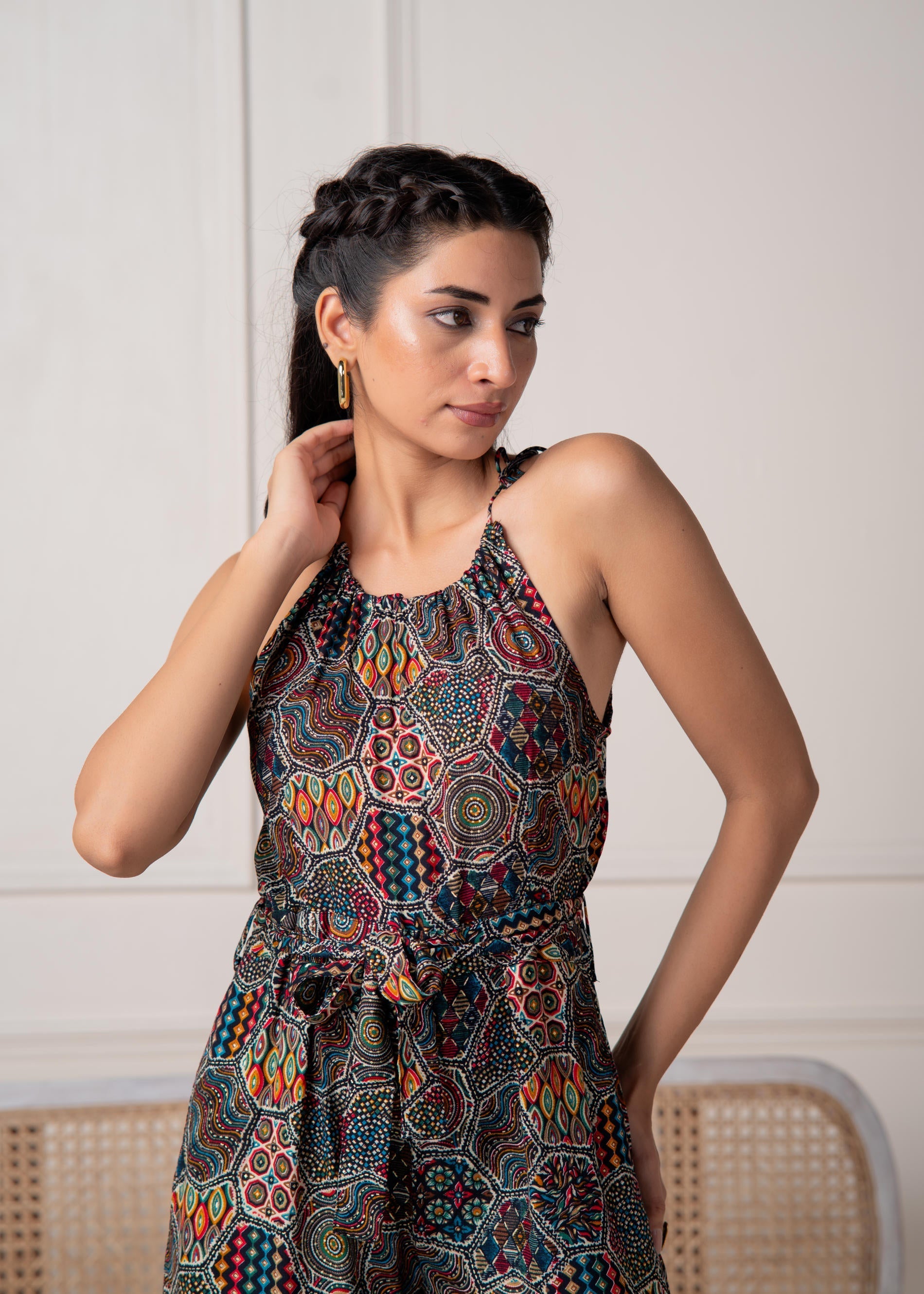 Navy Printed Abstract Viscose Jumpsuit with Belt | DesiQlo