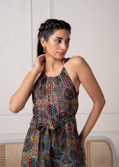 Navy Printed Abstract Viscose Jumpsuit with Belt