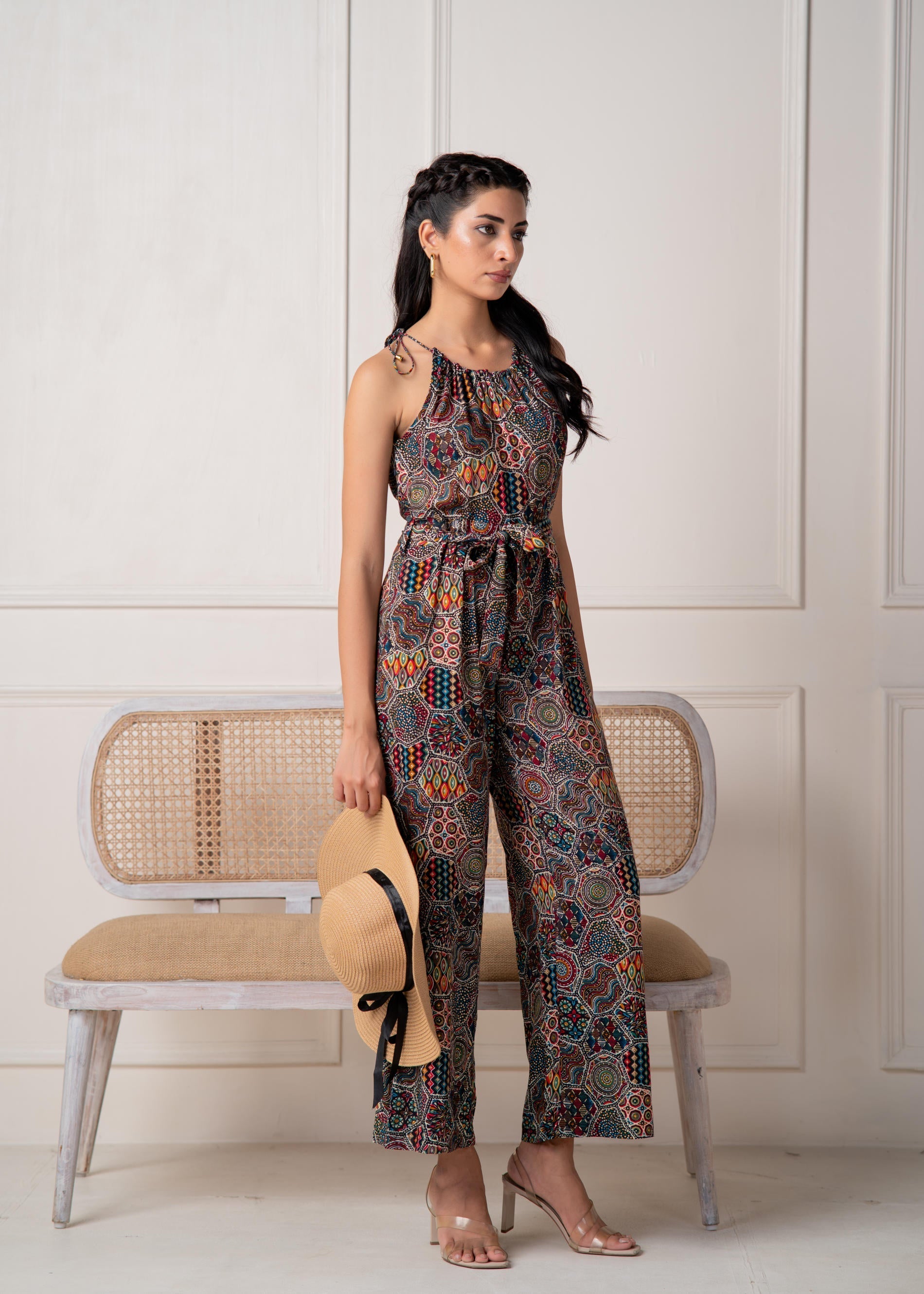 Navy Printed Abstract Viscose Jumpsuit with Belt | DesiQlo