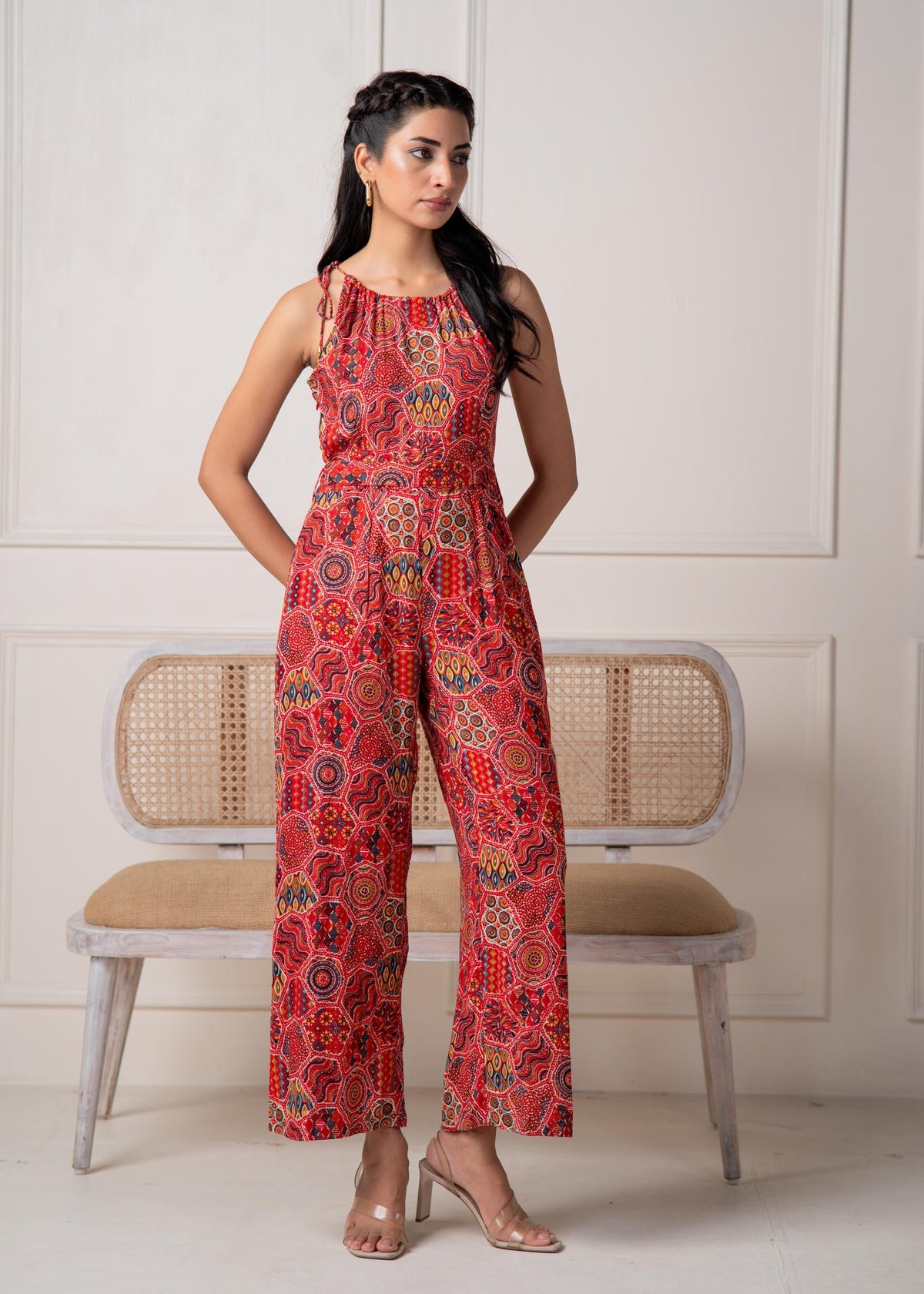 Rust Multi-Motif Bohemian Printed Sleeveless Jumpsuit
