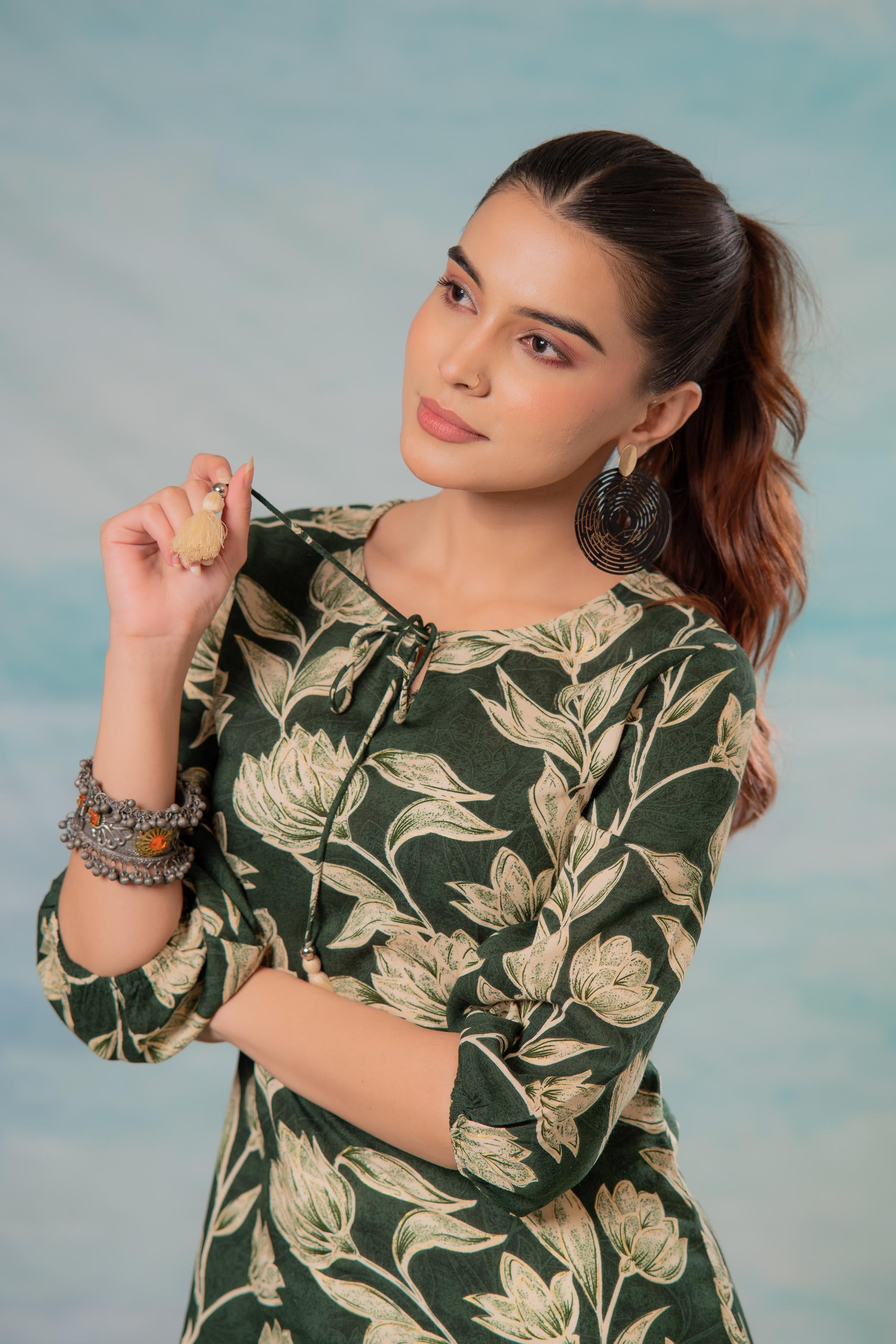 Green Floral Printed Viscose Tunic | DesiQlo