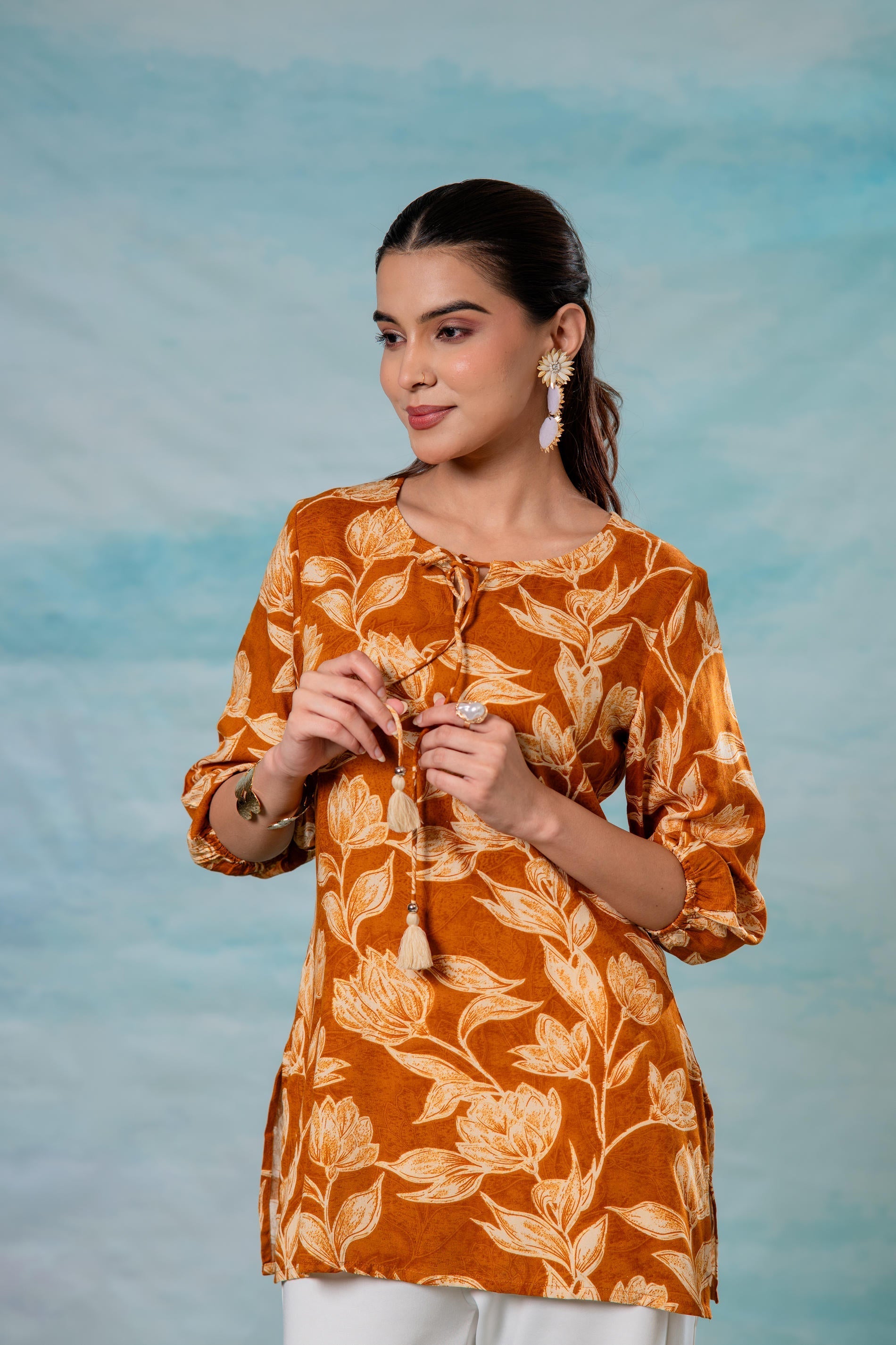 Mustard Floral Printed Viscose Tunic | DesiQlo