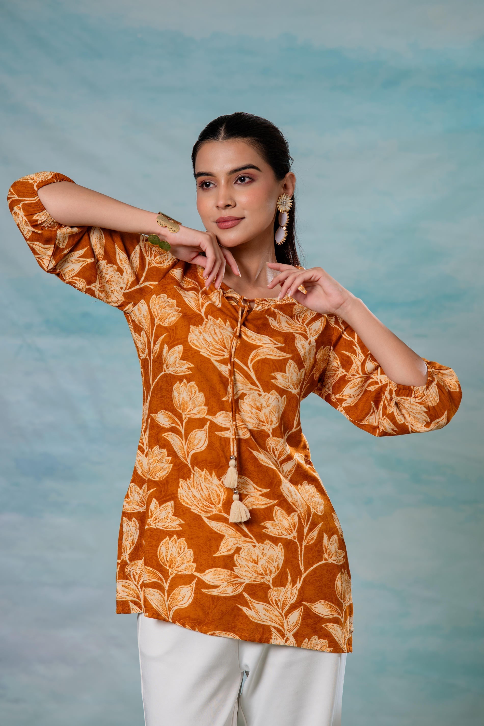 Mustard Floral Printed Viscose Tunic | DesiQlo