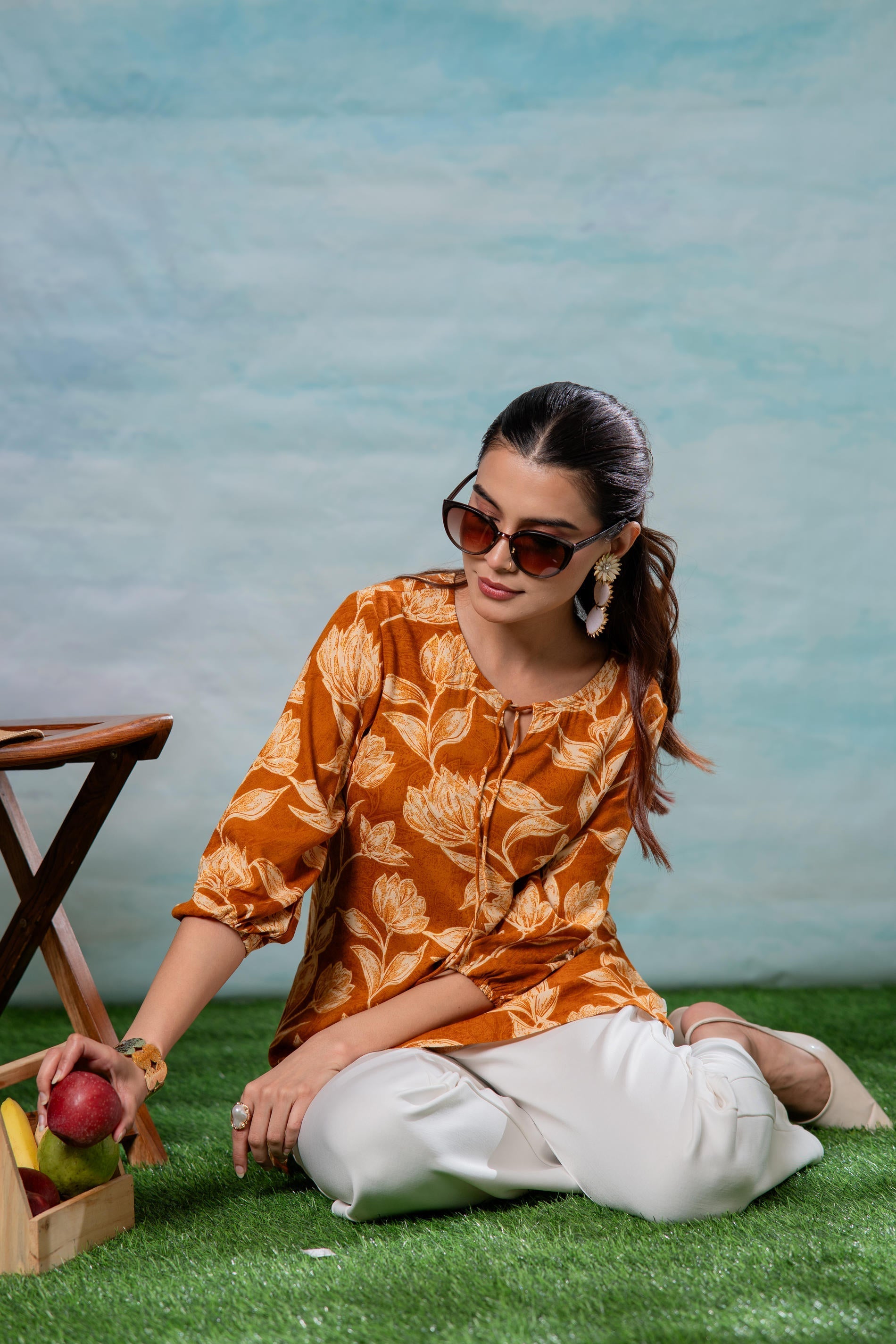 Mustard Floral Printed Viscose Tunic | DesiQlo