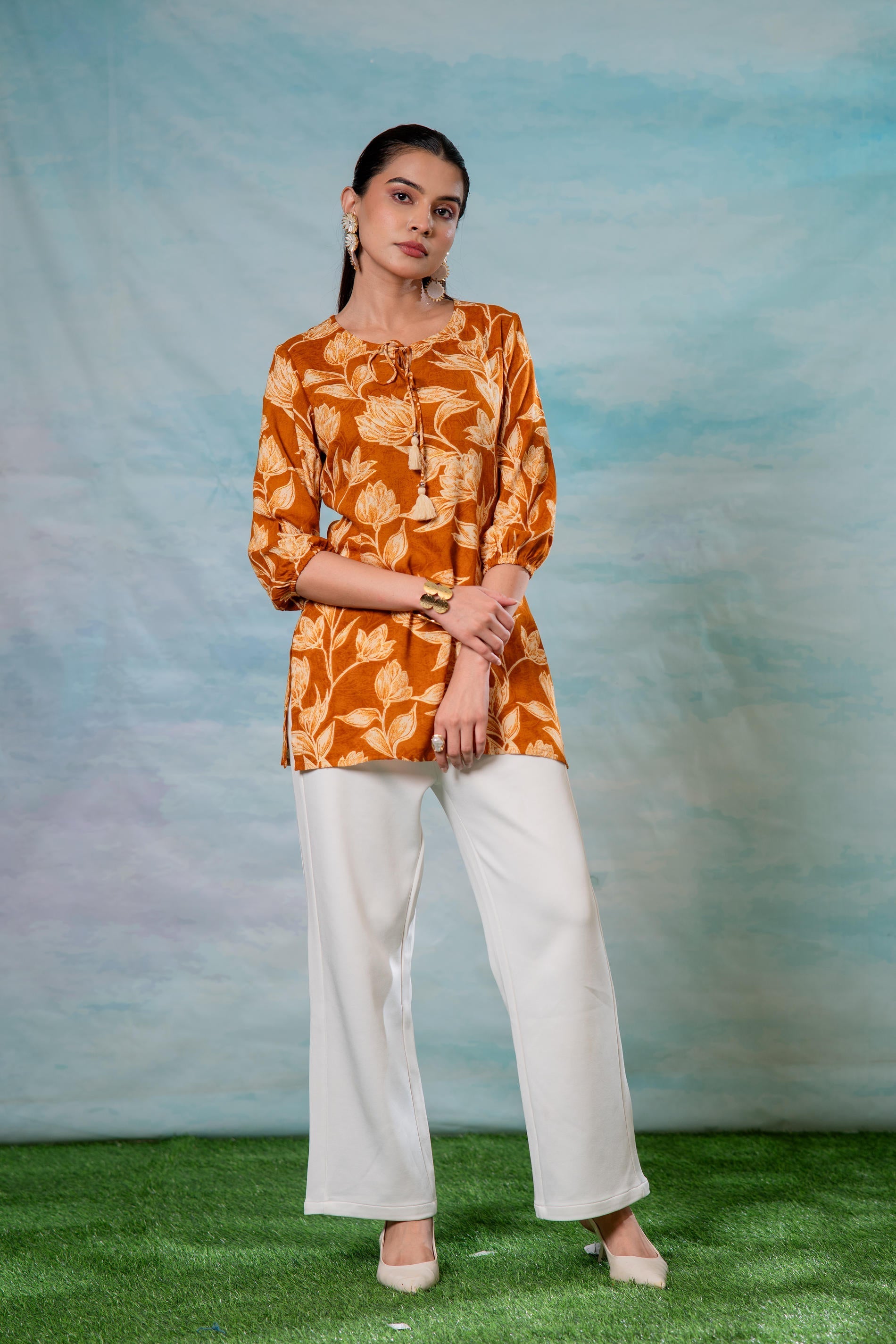Mustard Floral Printed Viscose Tunic | DesiQlo