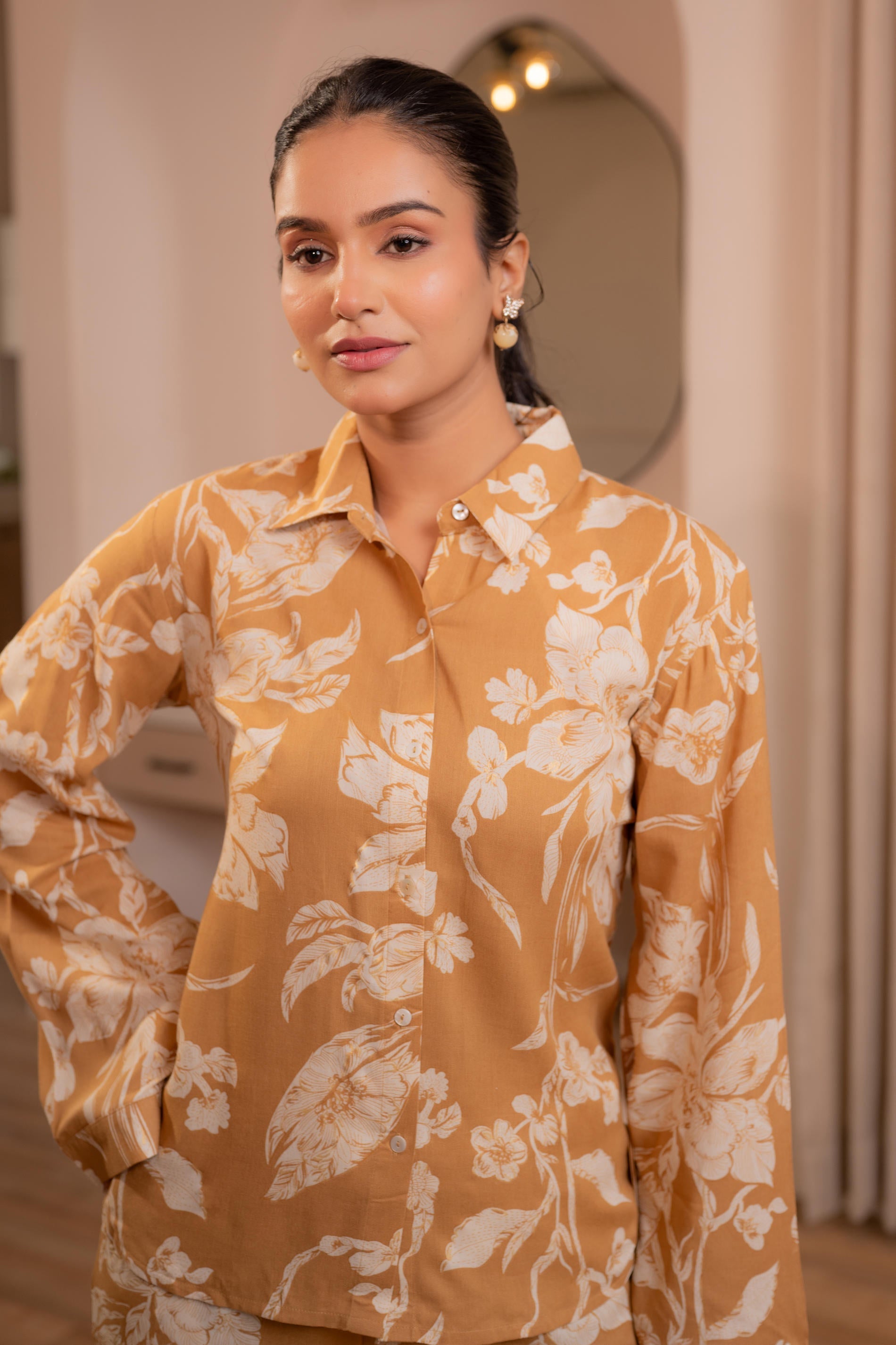 Mustard Floral Printed Co-ord Set with Button Details | DesiQlo
