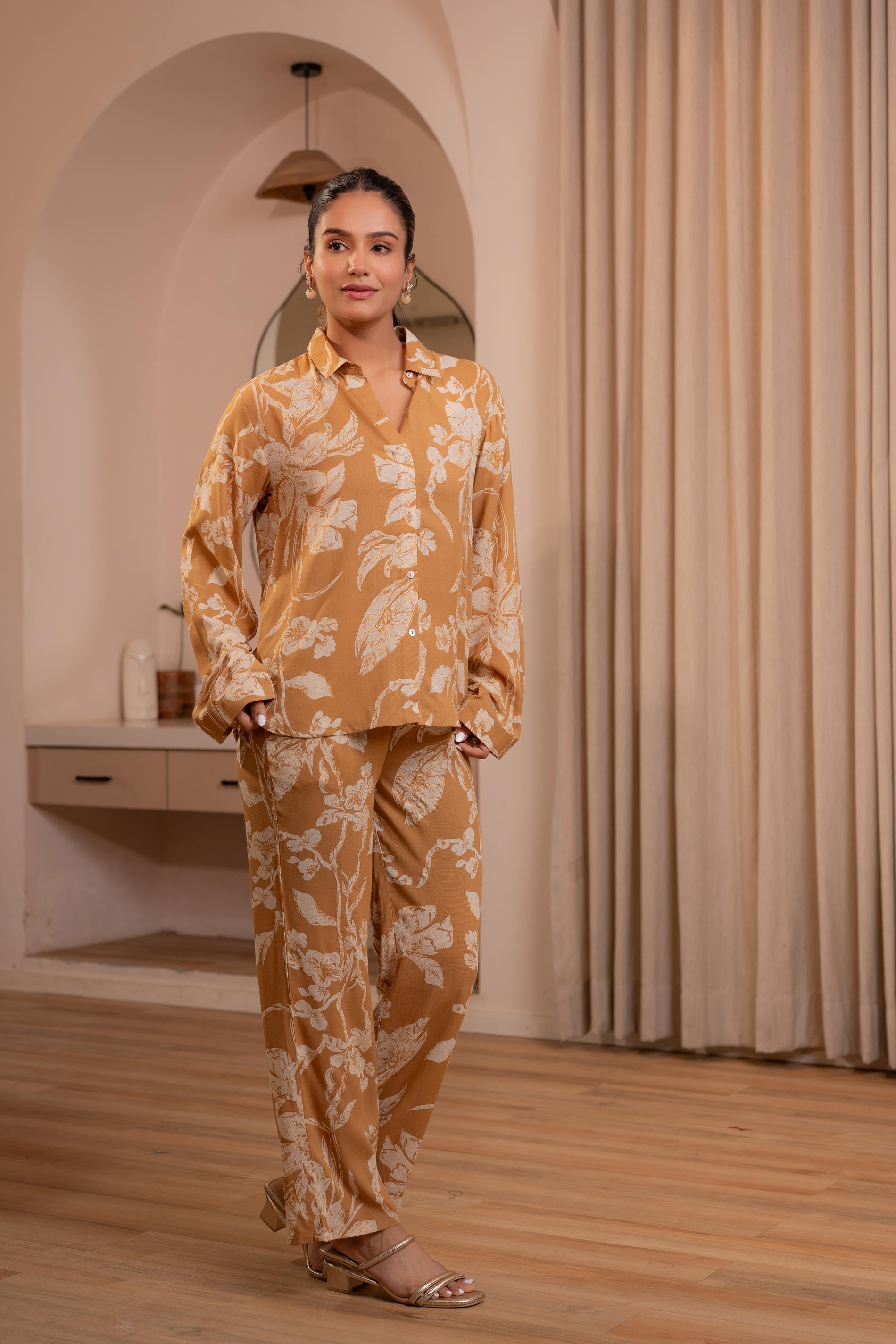 Mustard Floral Printed Co-ord Set with Button Details | DesiQlo