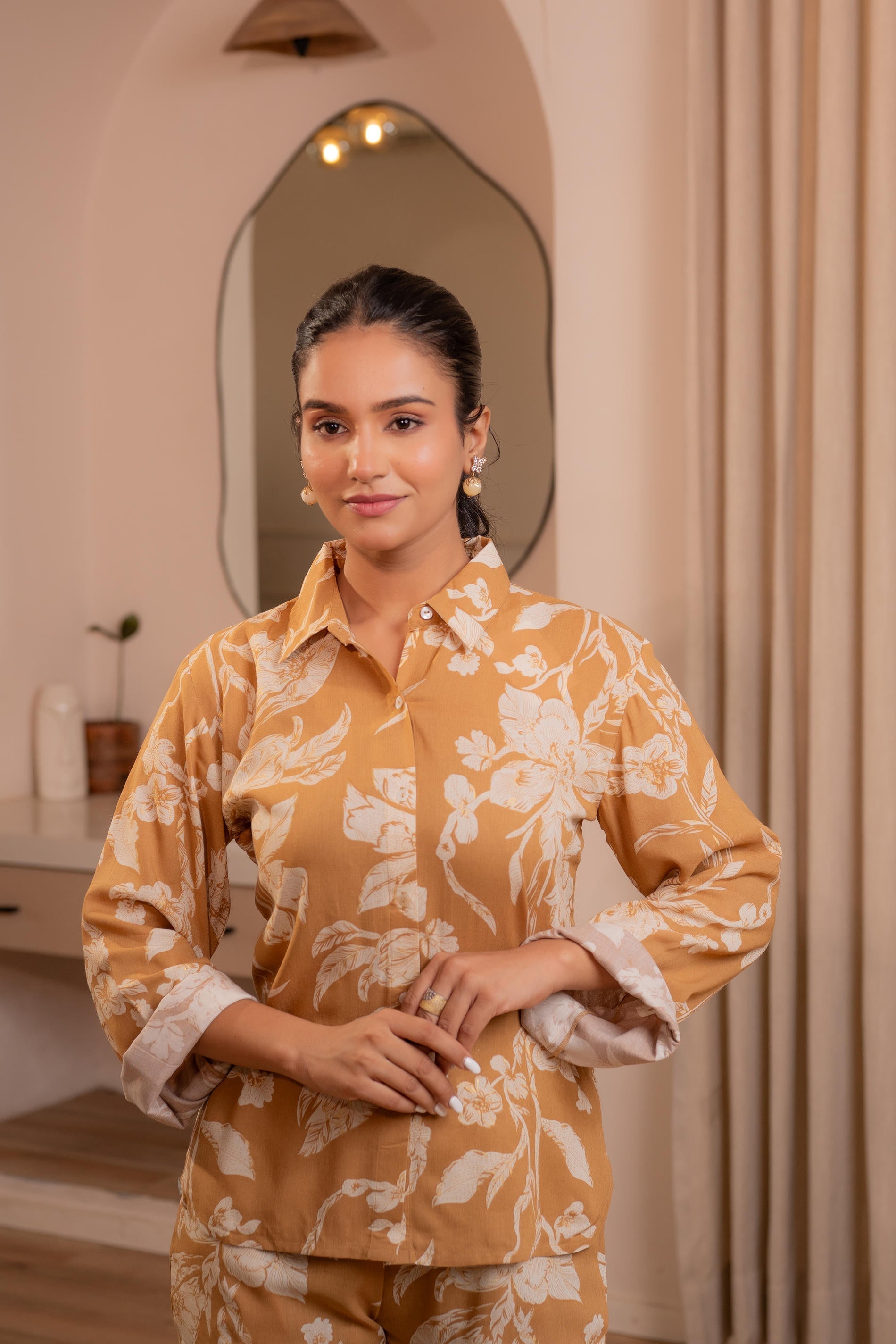Mustard Floral Printed Co-ord Set with Button Details | DesiQlo