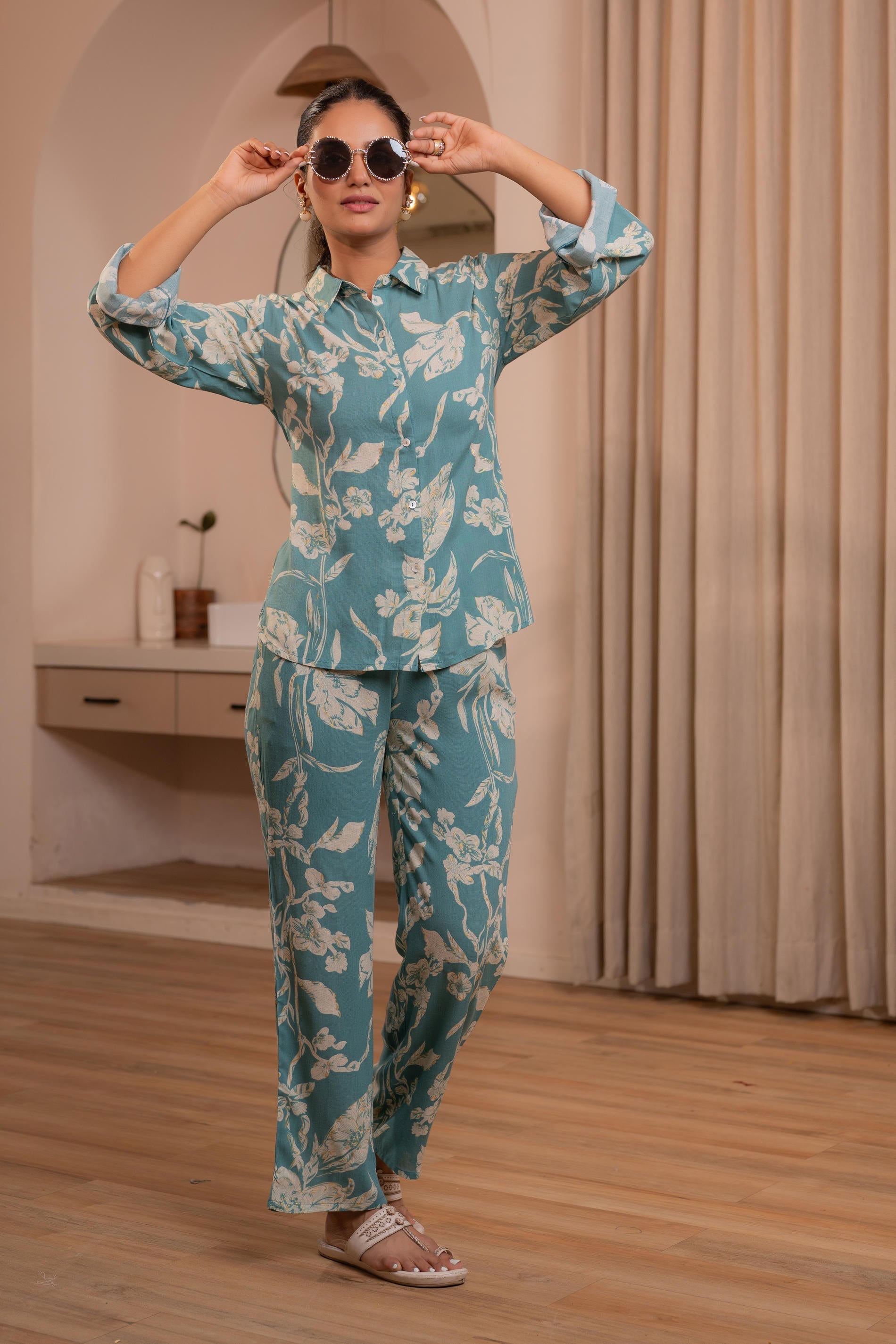 Teal Floral Printed Co-ord Set with Button Details | DesiQlo