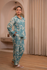 Teal Floral Printed Co-ord Set with Button Details