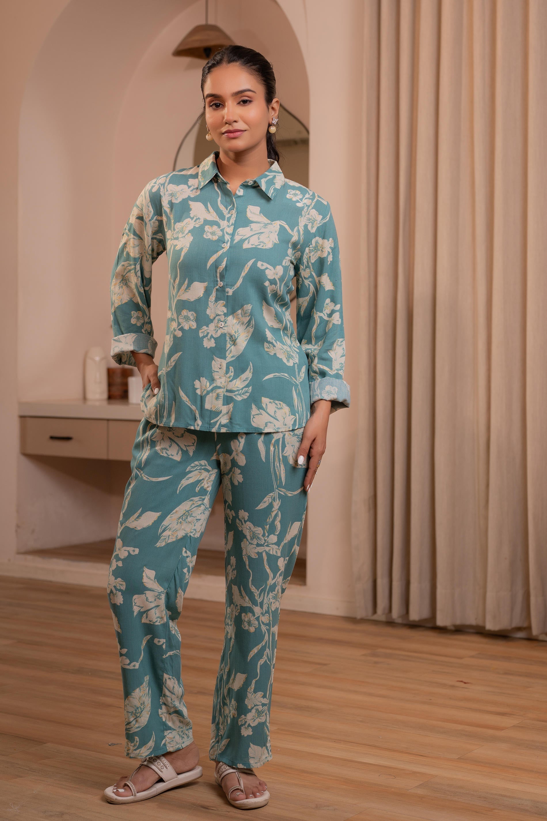 Teal Floral Printed Co-ord Set with Button Details | DesiQlo