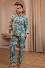 Teal Floral Printed Co-ord Set with Button Details