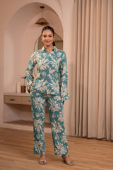 Mint Floral Printed Co-ord Set with Button Details