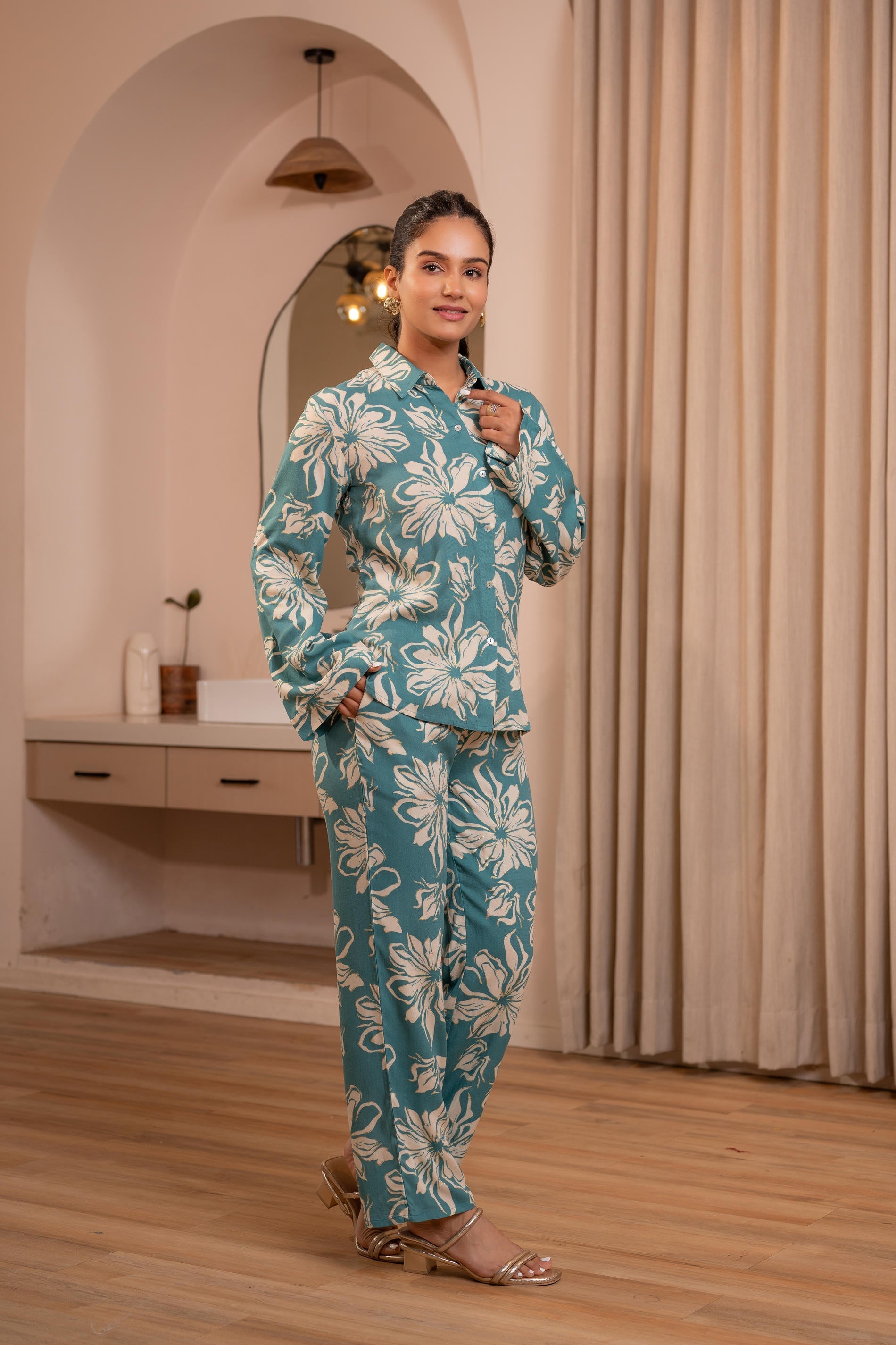 Mint Floral Printed Co-ord Set with Button Details | DesiQlo