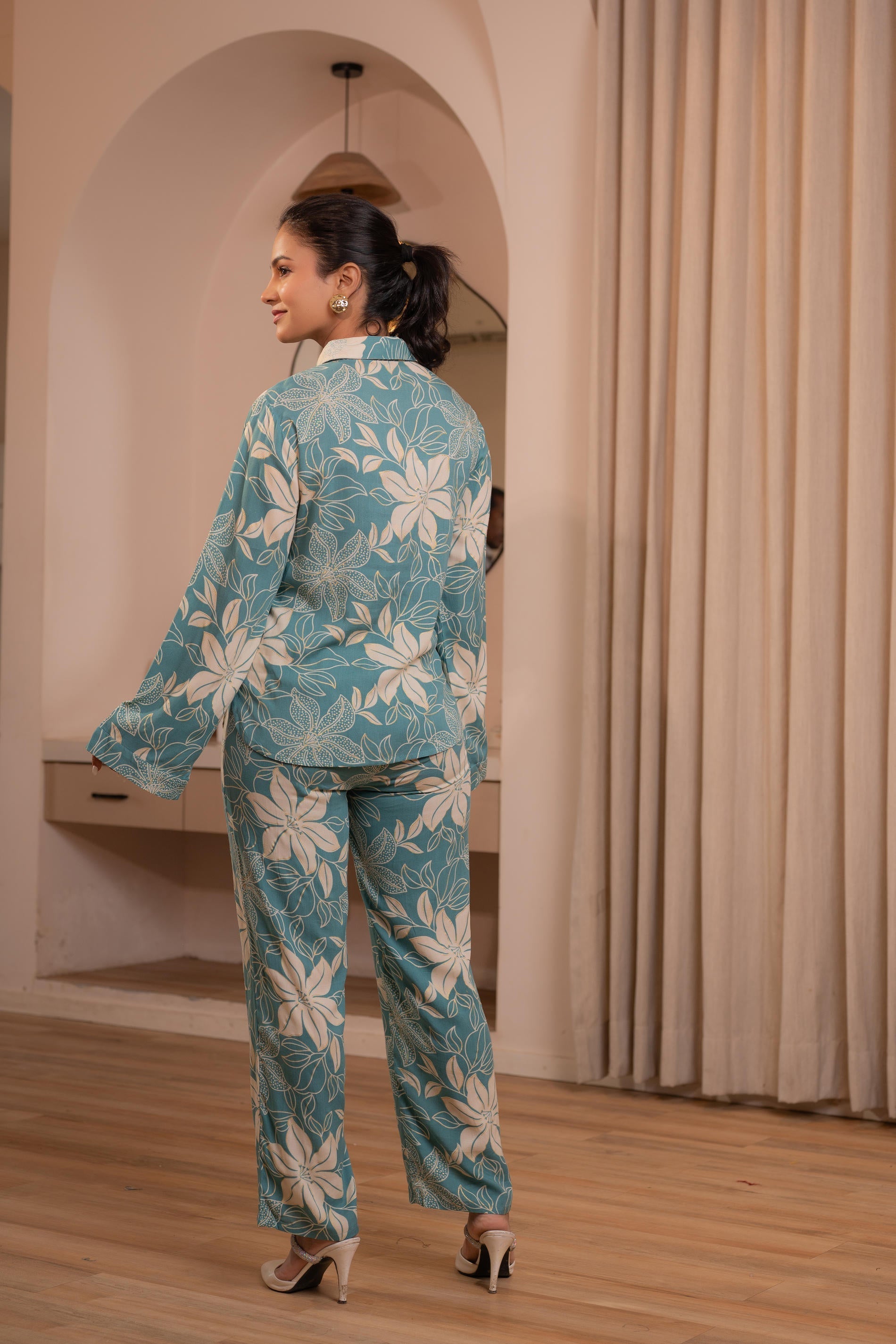 Mint Floral Printed Co-ord Set with Button Details - 2 | DesiQlo