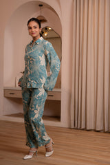 Mint Floral Printed Co-ord Set with Button Details