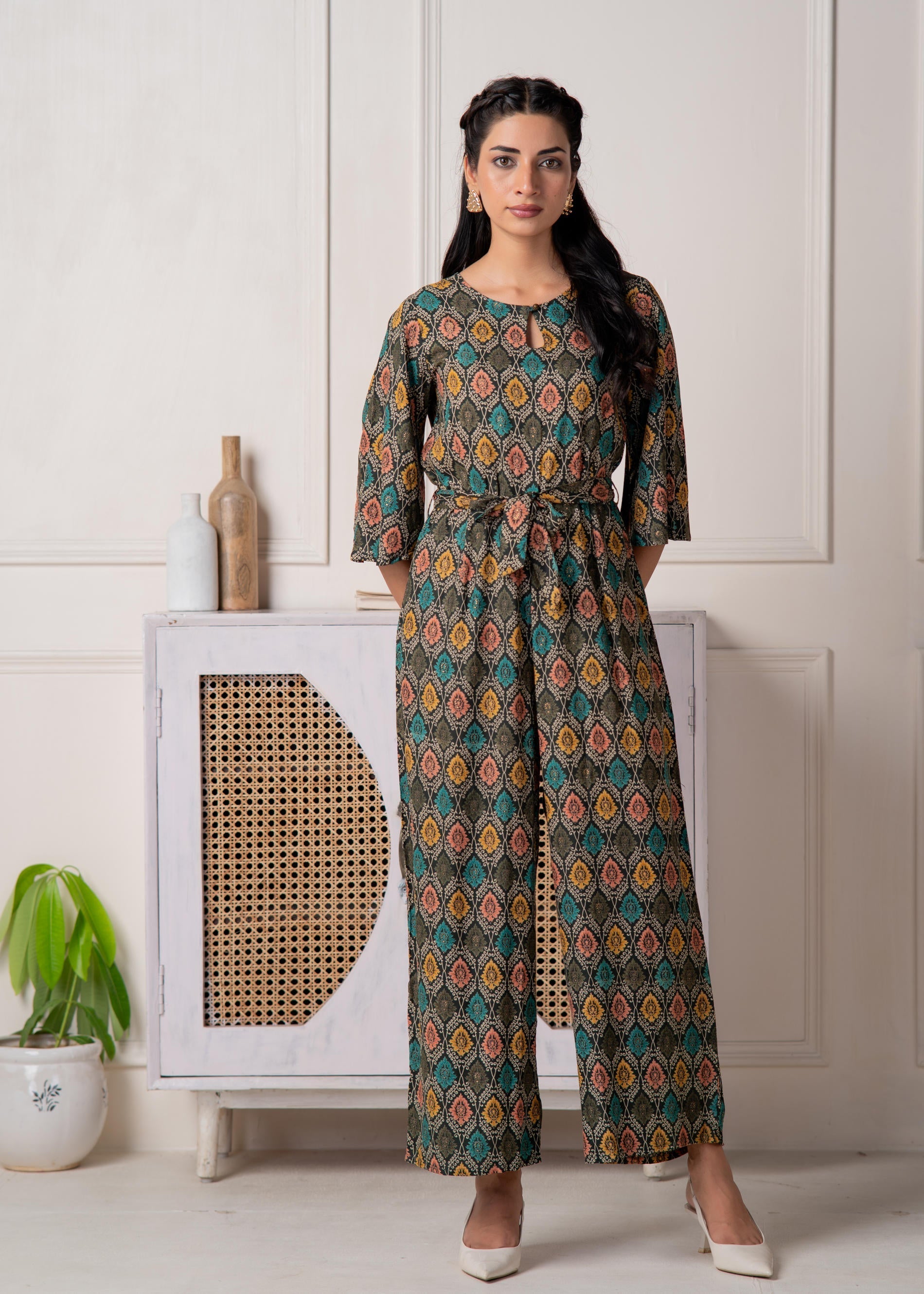 Green Floral Printed Viscose Jumpsuit with Belt | DesiQlo