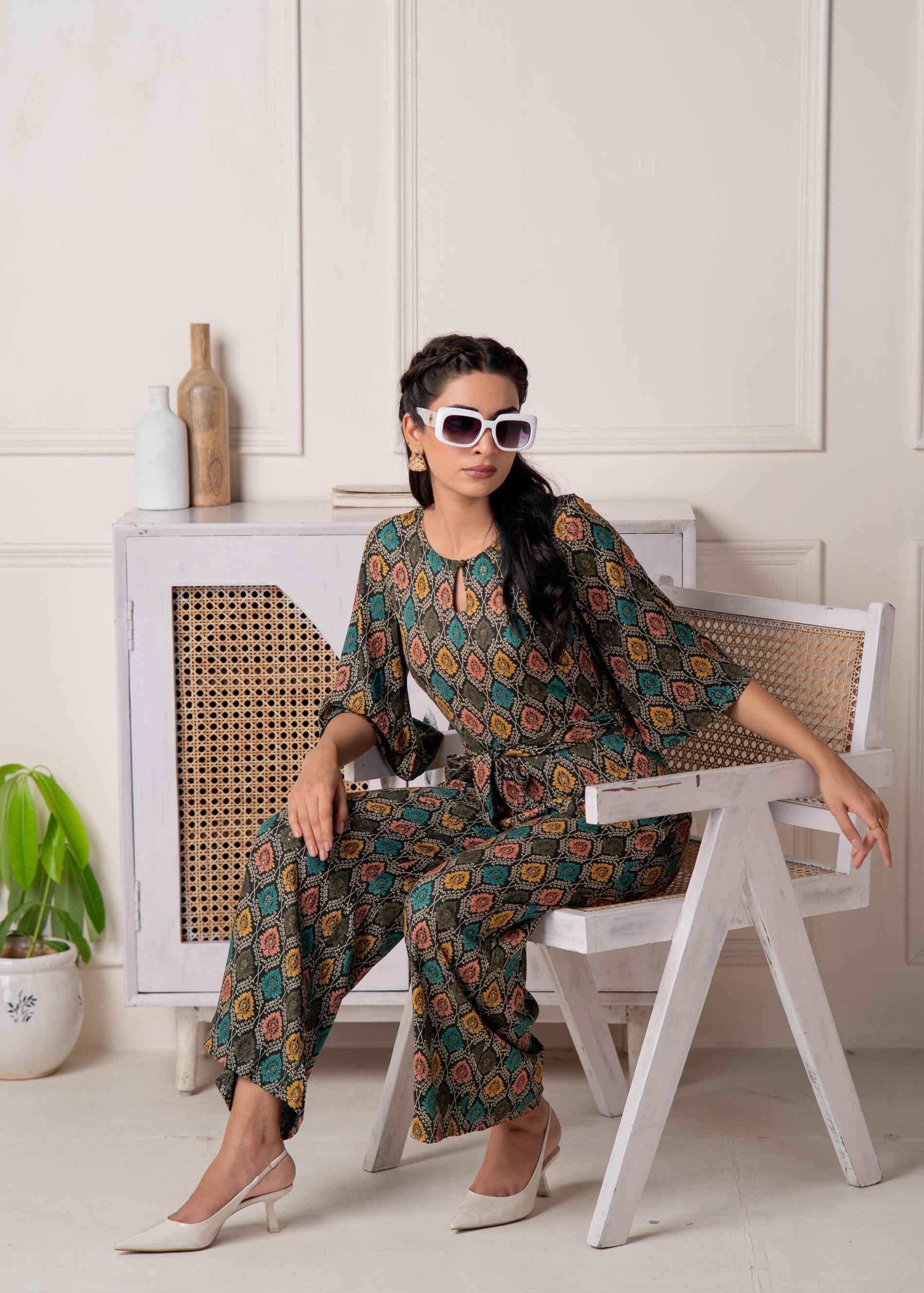 Green Floral Printed Viscose Jumpsuit with Belt | DesiQlo
