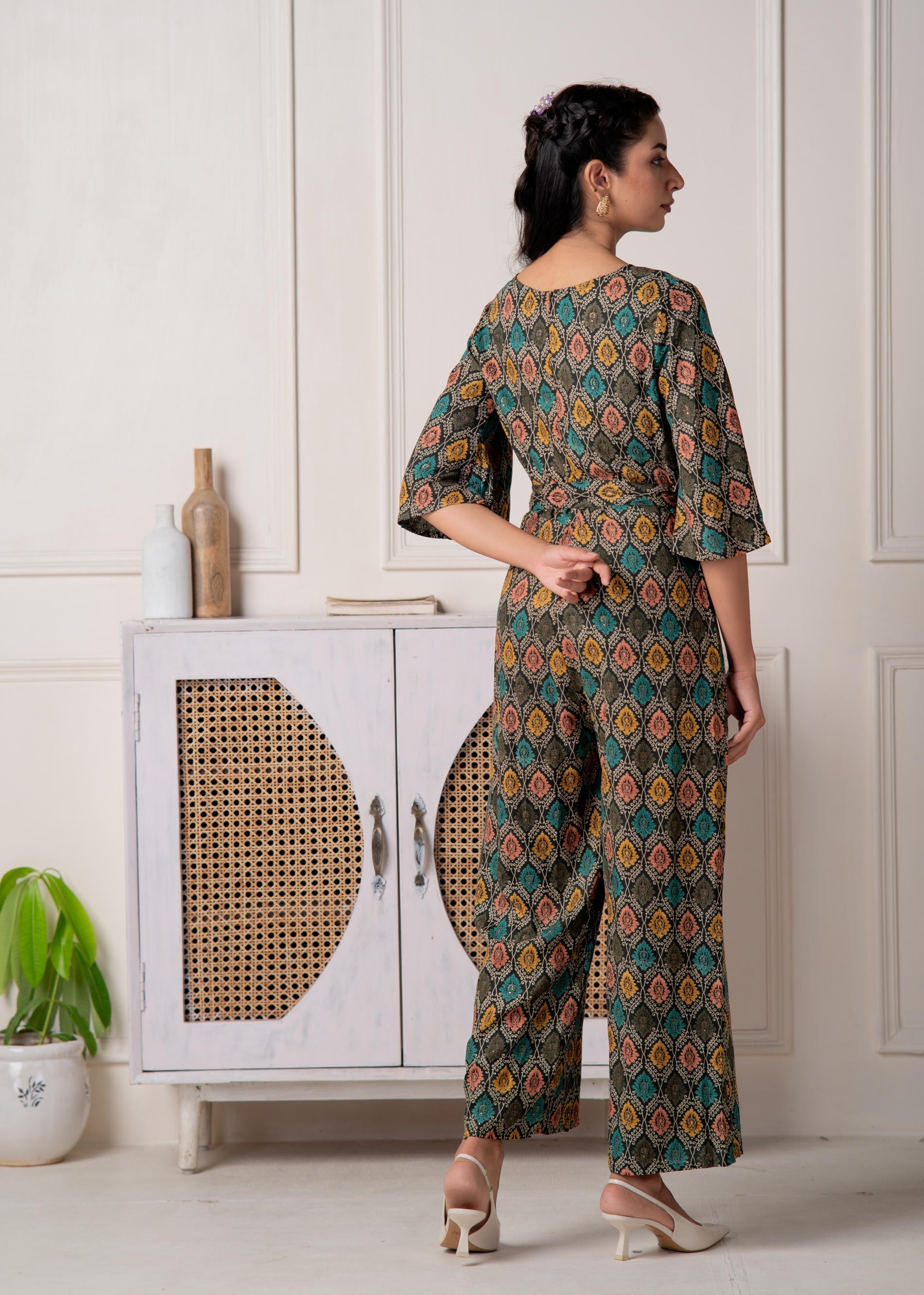Green Floral Printed Viscose Jumpsuit with Belt | DesiQlo