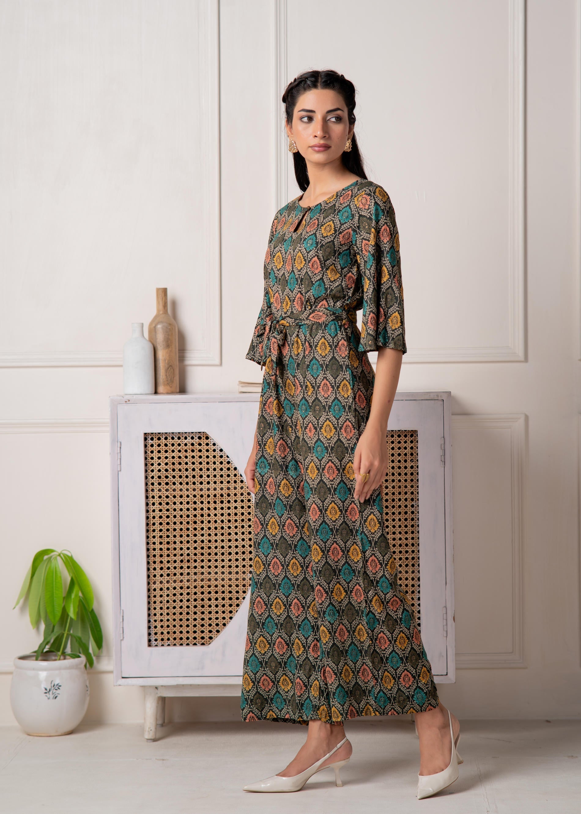 Green Floral Printed Viscose Jumpsuit with Belt | DesiQlo