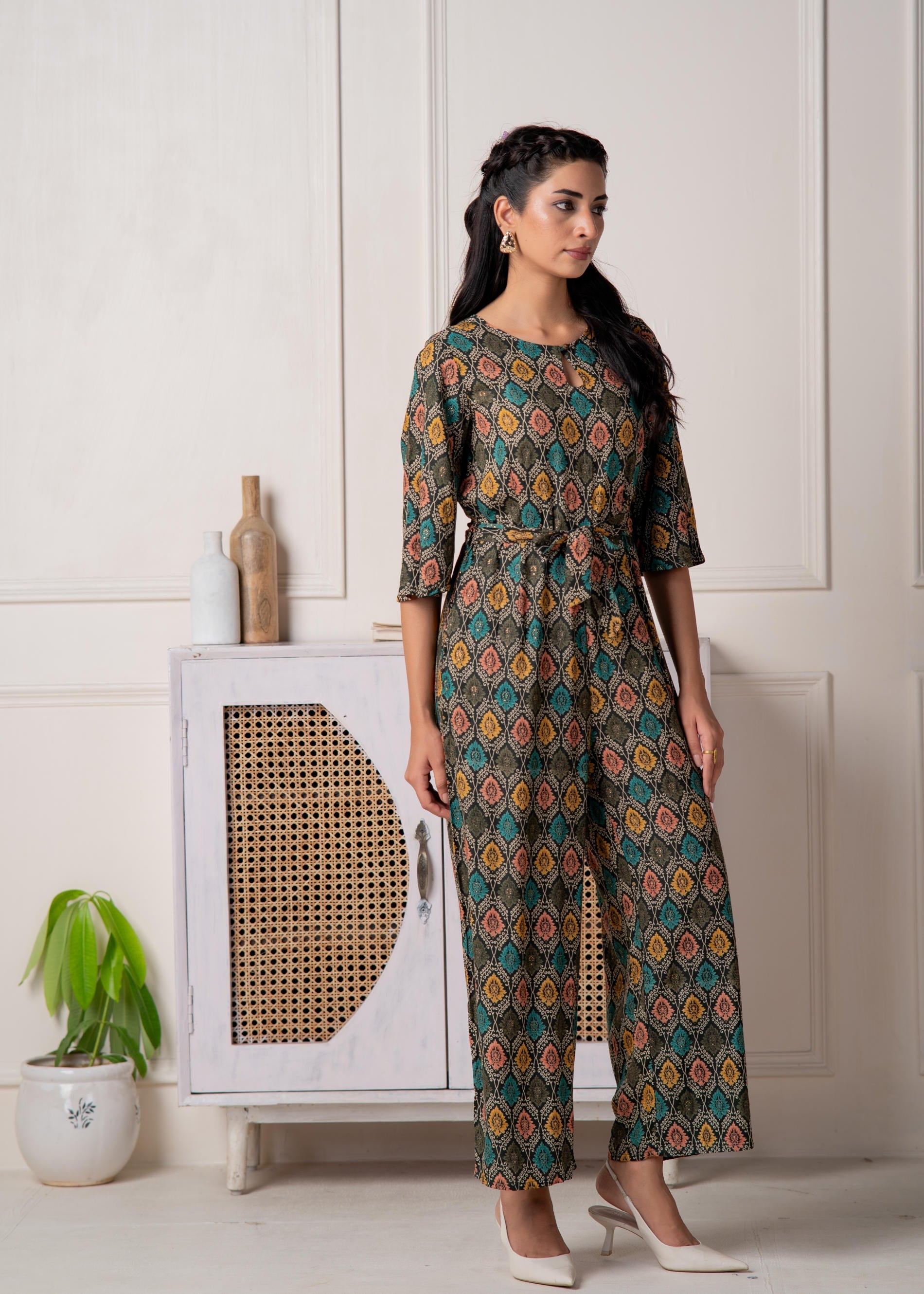 Green Floral Printed Viscose Jumpsuit with Belt | DesiQlo