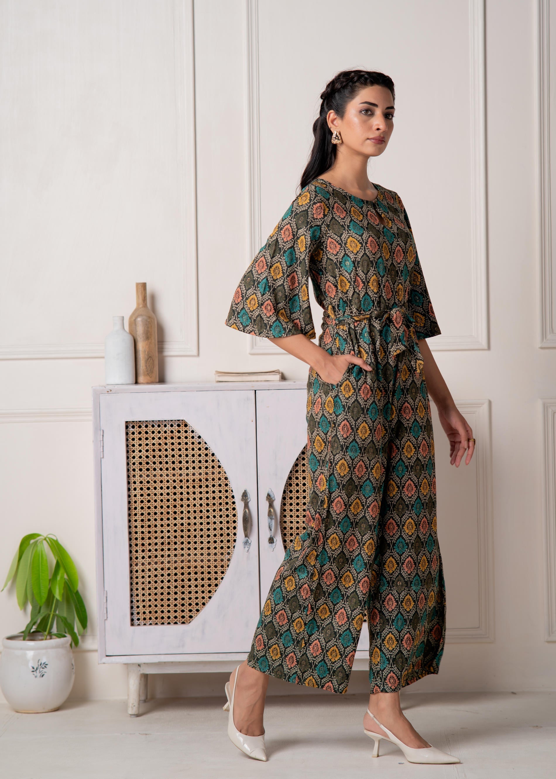 Green Floral Printed Viscose Jumpsuit with Belt | DesiQlo