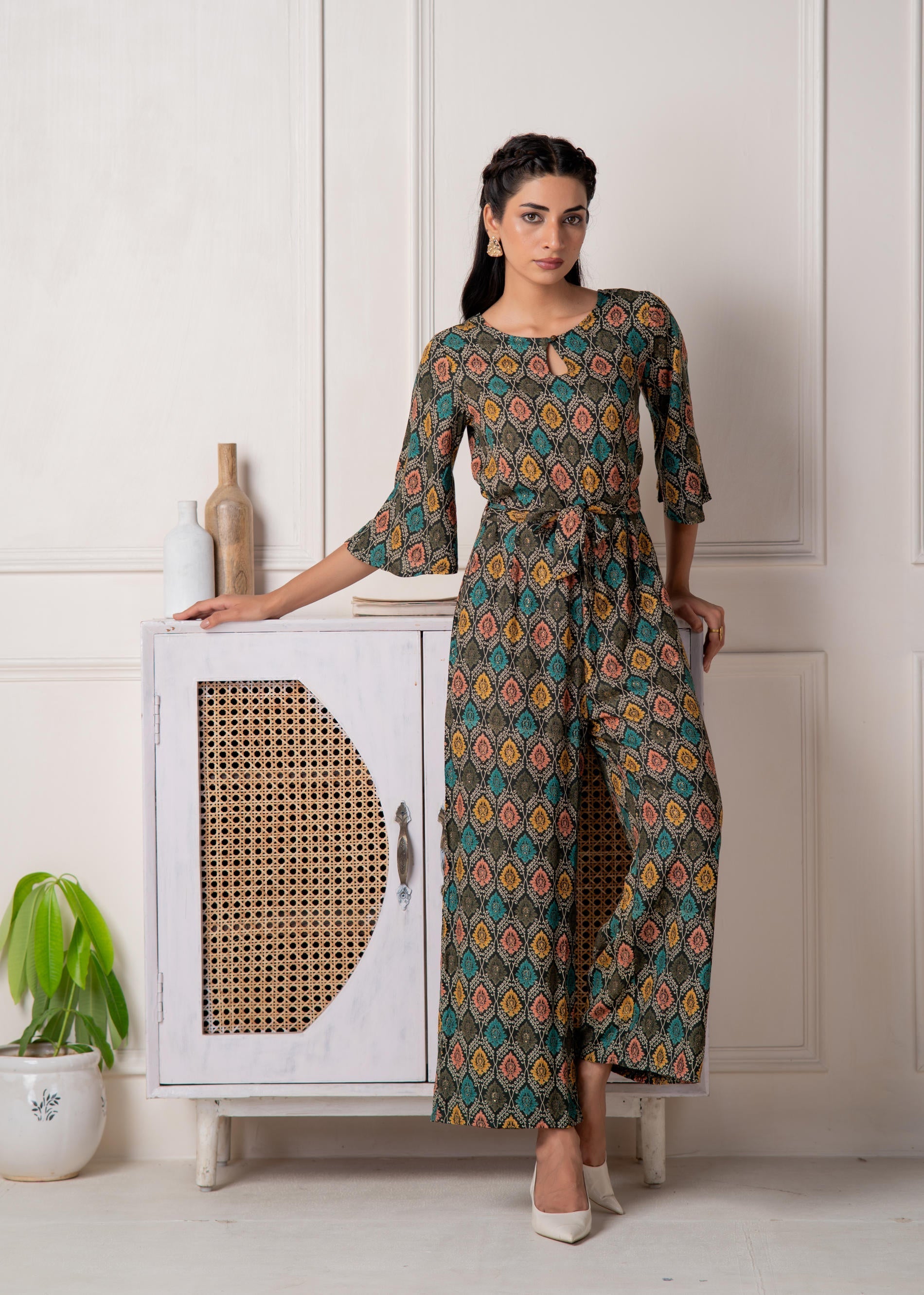 Green Floral Printed Viscose Jumpsuit with Belt | DesiQlo