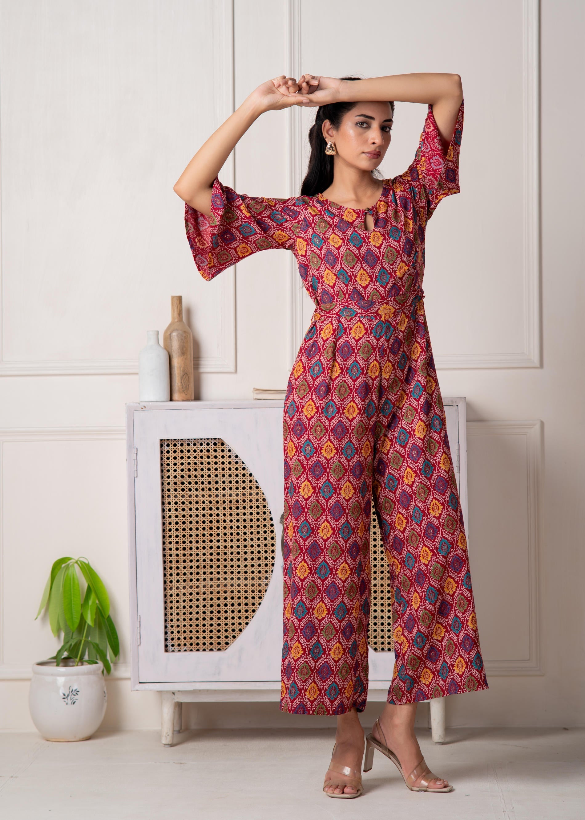 Red Floral Printed Viscose Jumpsuit with Belt | DesiQlo