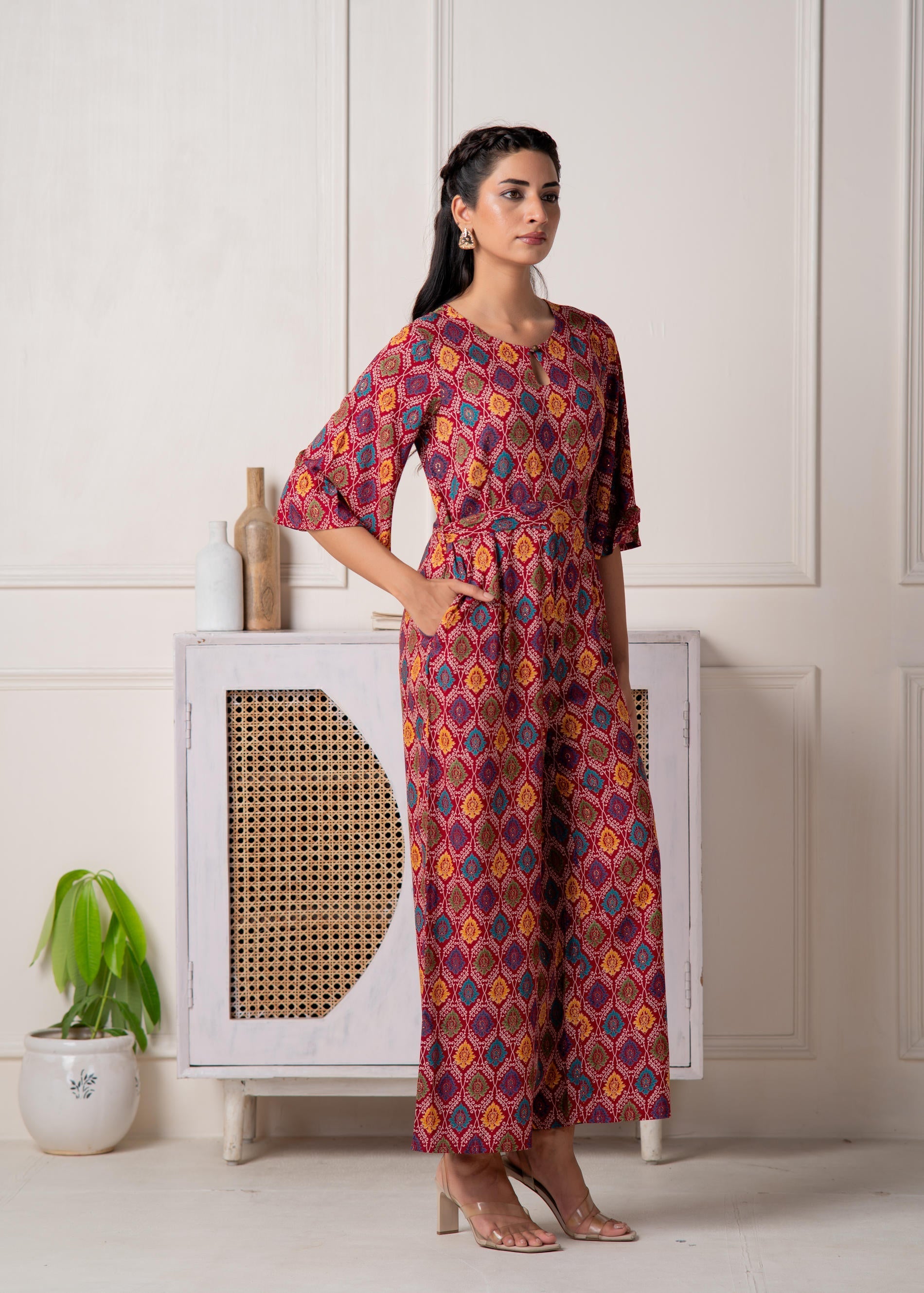 Red Floral Printed Viscose Jumpsuit with Belt | DesiQlo