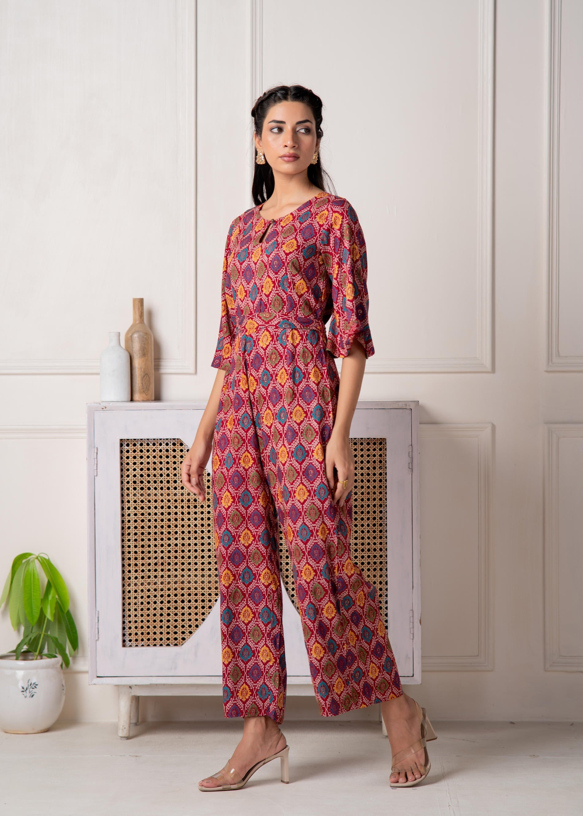 Red Floral Printed Viscose Jumpsuit with Belt | DesiQlo