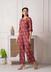 Red Floral Printed Viscose Jumpsuit with Belt