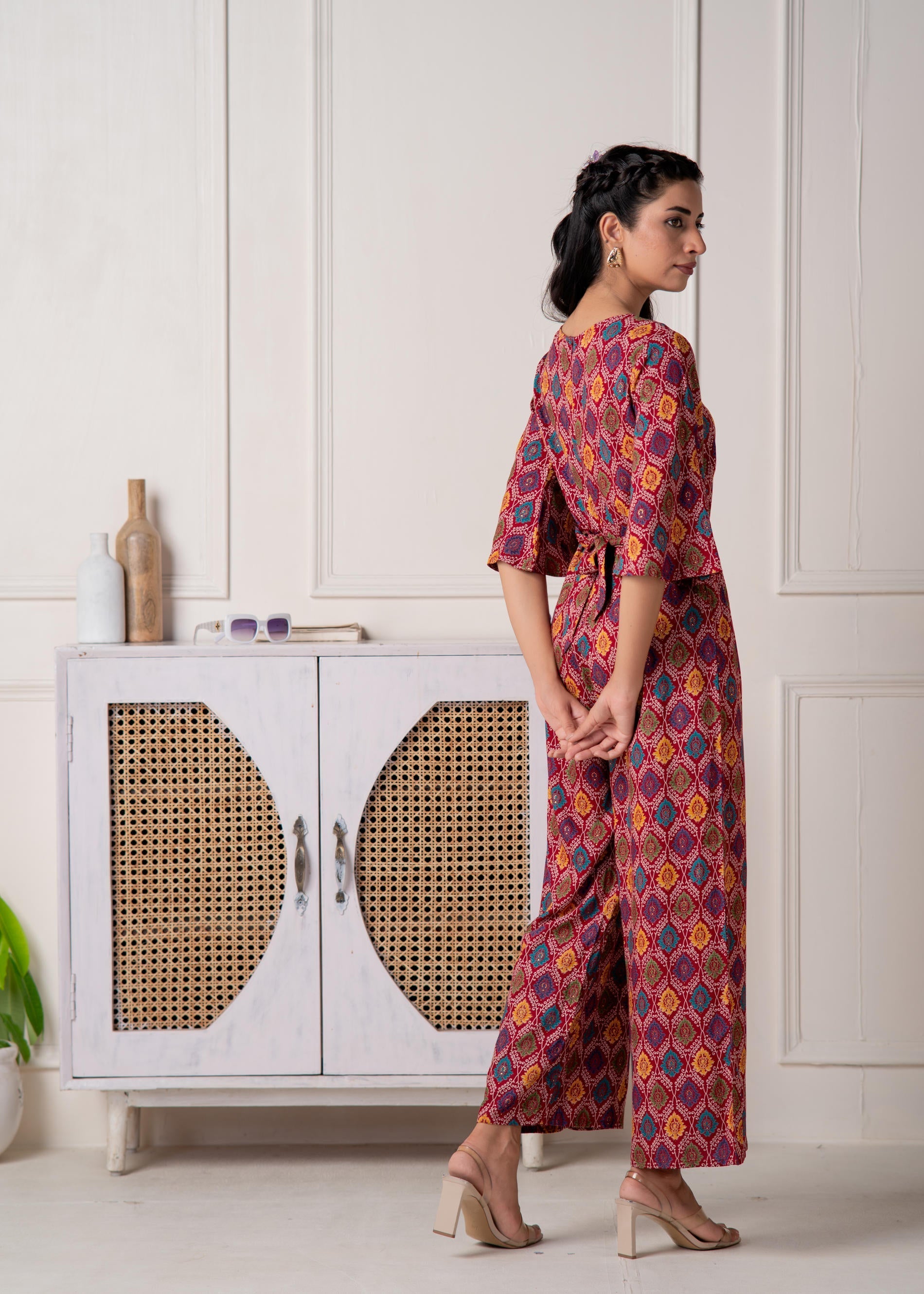 Red Floral Printed Viscose Jumpsuit with Belt | DesiQlo