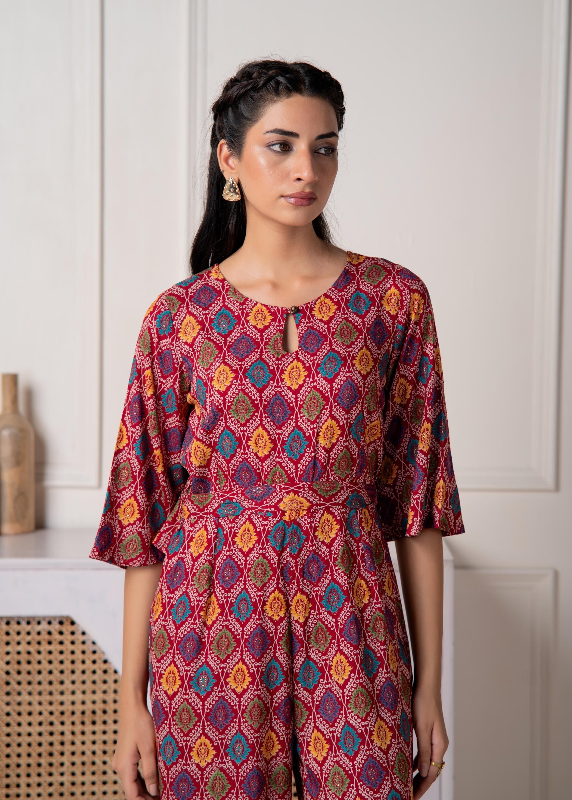Red Floral Printed Viscose Jumpsuit with Belt | DesiQlo