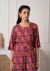 Red Floral Printed Viscose Jumpsuit with Belt