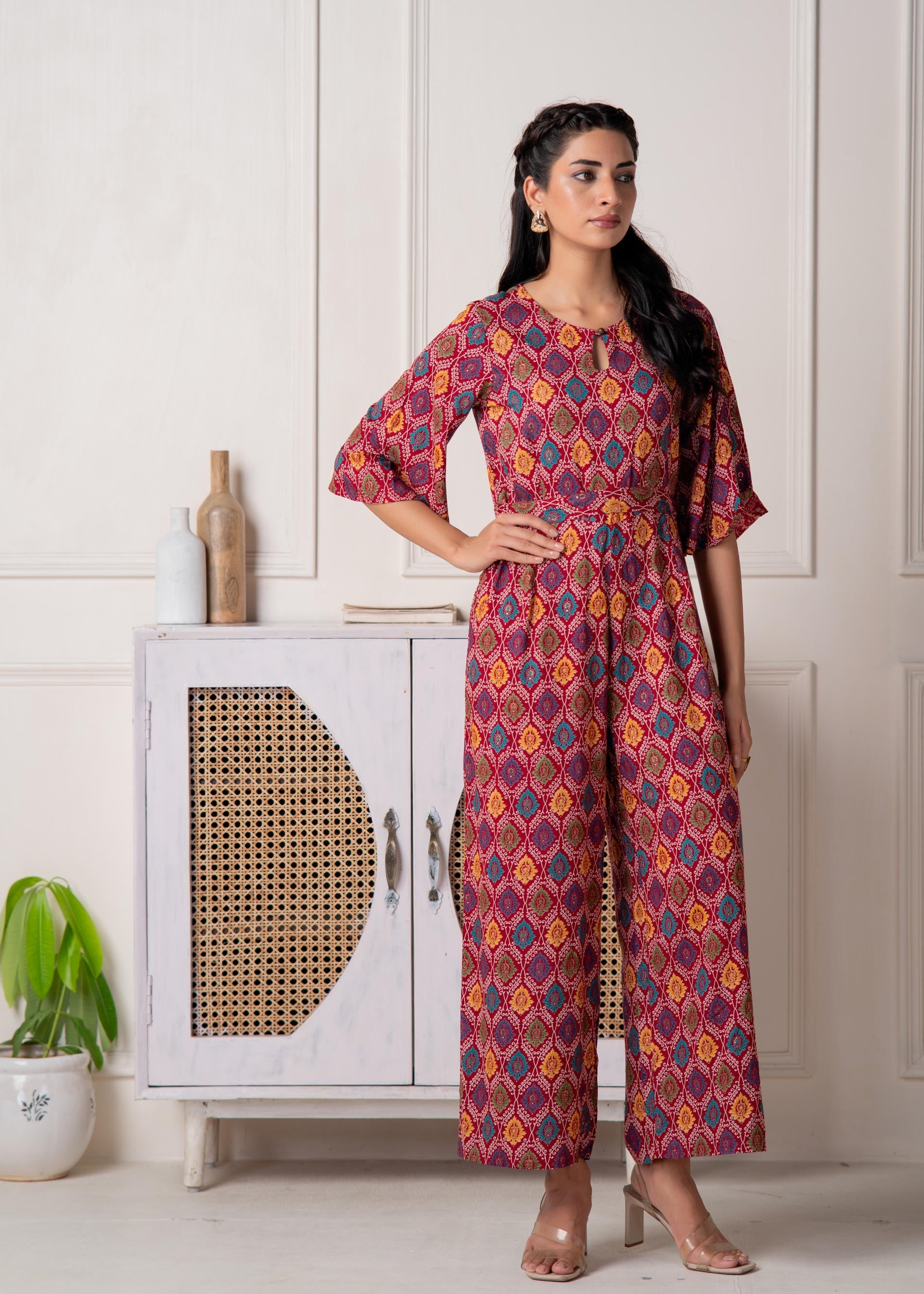 Red Floral Printed Viscose Jumpsuit with Belt | DesiQlo
