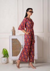 Red Floral Printed Viscose Jumpsuit with Belt