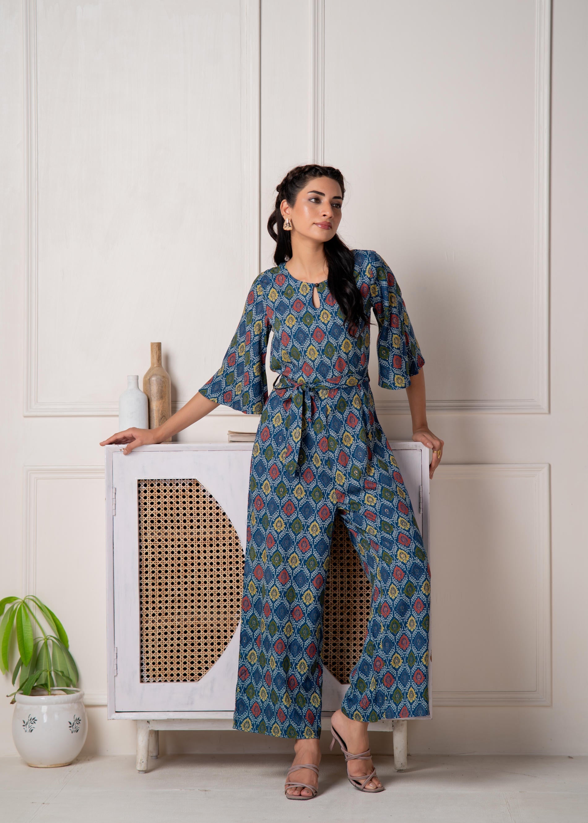 Teal Floral Printed Viscose Jumpsuit with Belt | DesiQlo