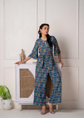 Teal Floral Printed Viscose Jumpsuit with Belt