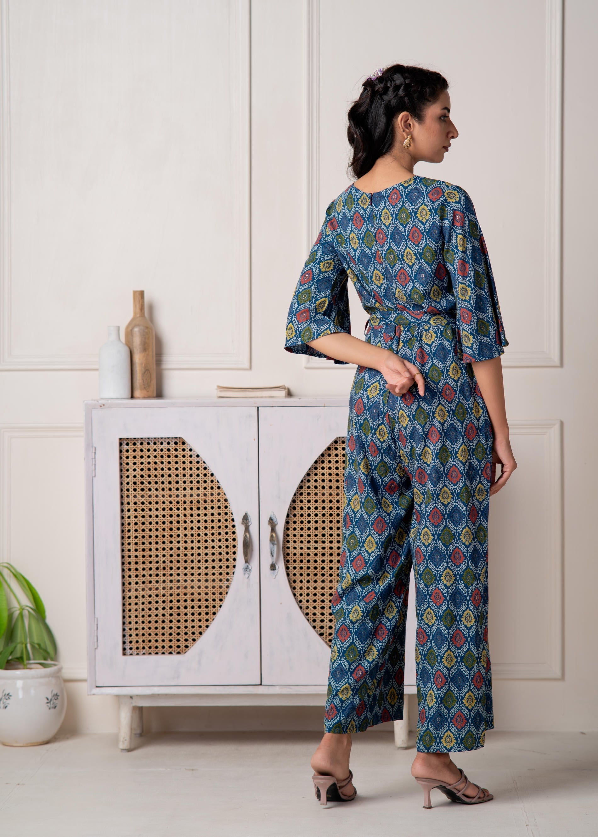 Teal Floral Printed Viscose Jumpsuit with Belt | DesiQlo