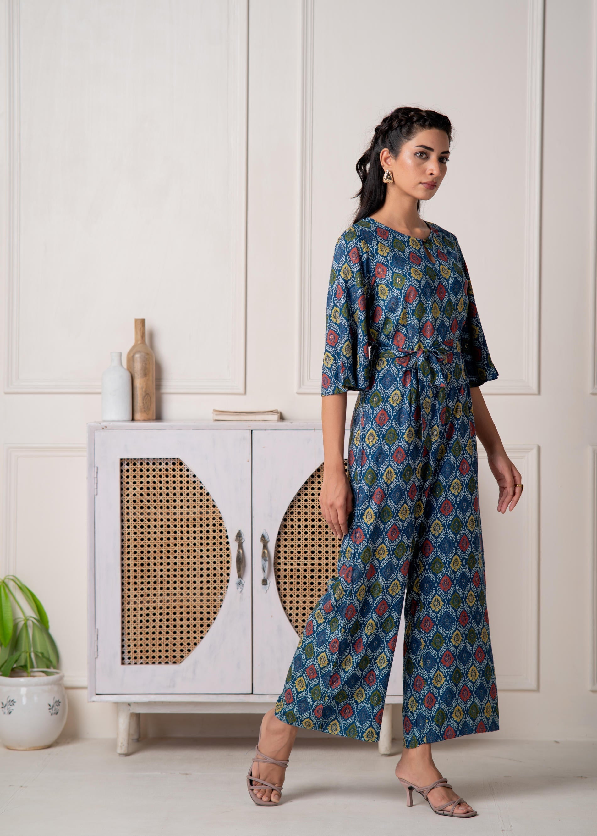 Teal Floral Printed Viscose Jumpsuit with Belt | DesiQlo