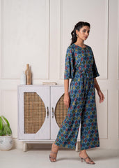 Teal Floral Printed Viscose Jumpsuit with Belt