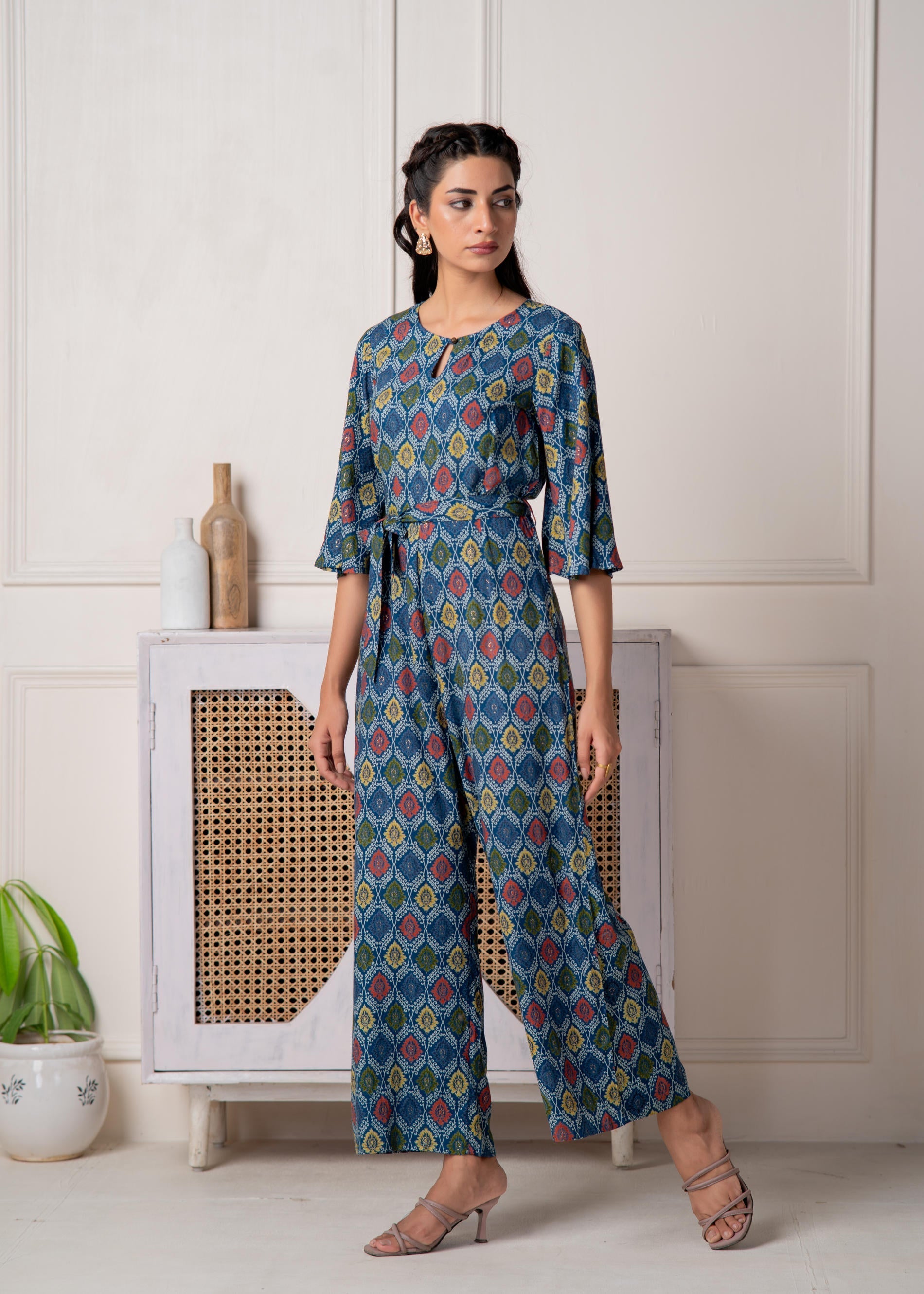 Teal Floral Printed Viscose Jumpsuit with Belt | DesiQlo