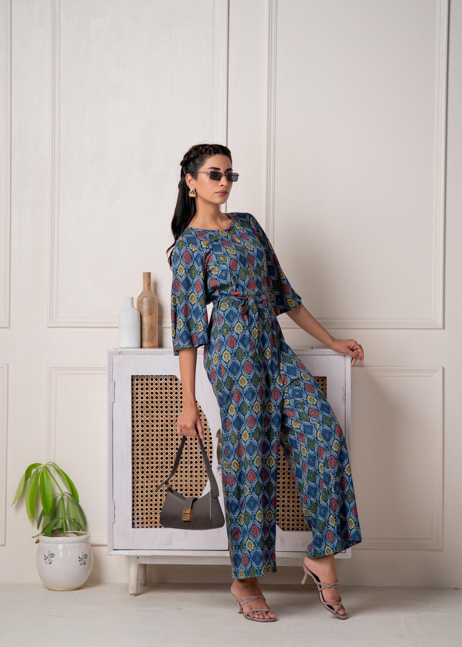 Teal Floral Printed Viscose Jumpsuit with Belt | DesiQlo