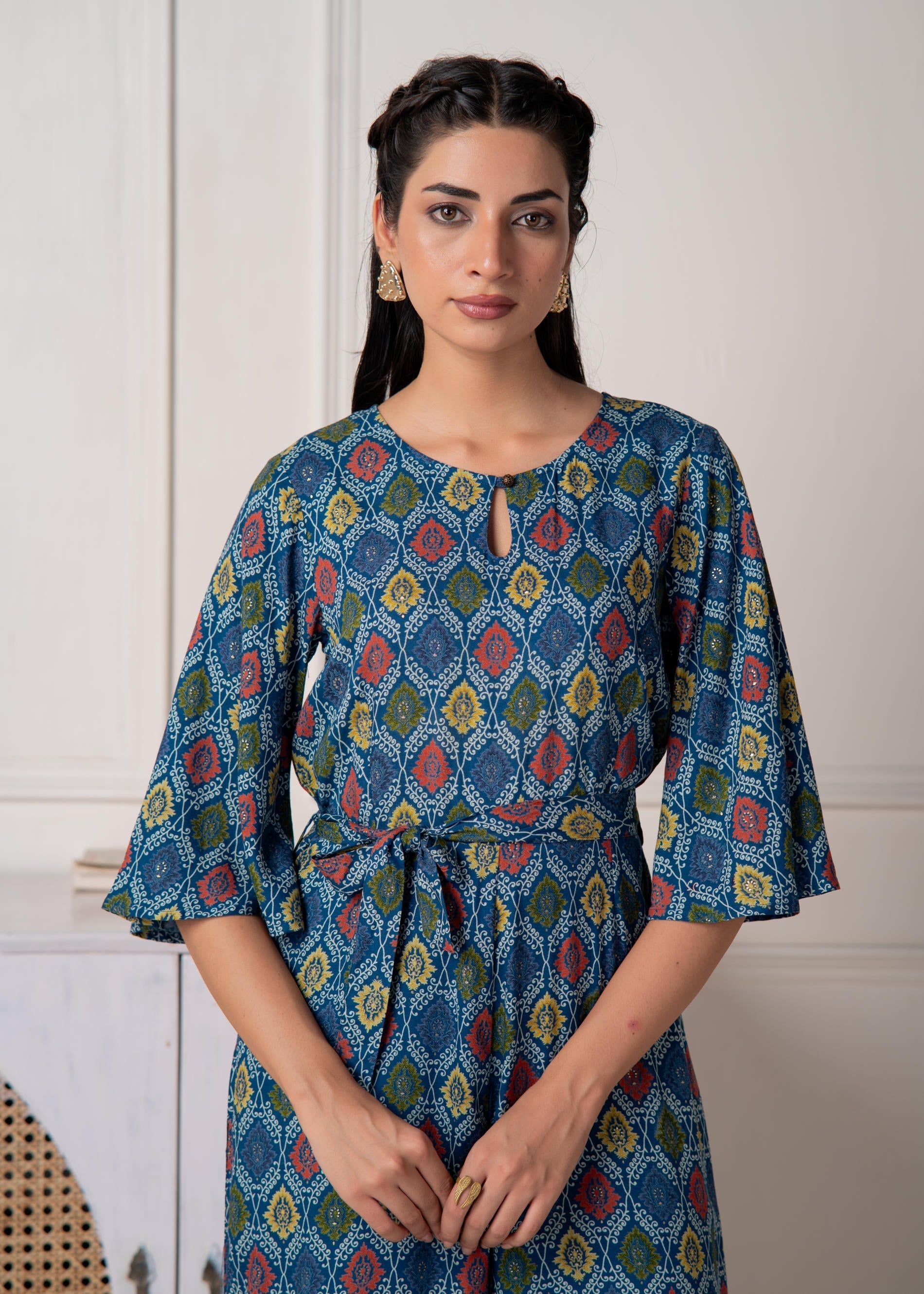 Teal Floral Printed Viscose Jumpsuit with Belt | DesiQlo