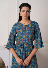 Teal Floral Printed Viscose Jumpsuit with Belt