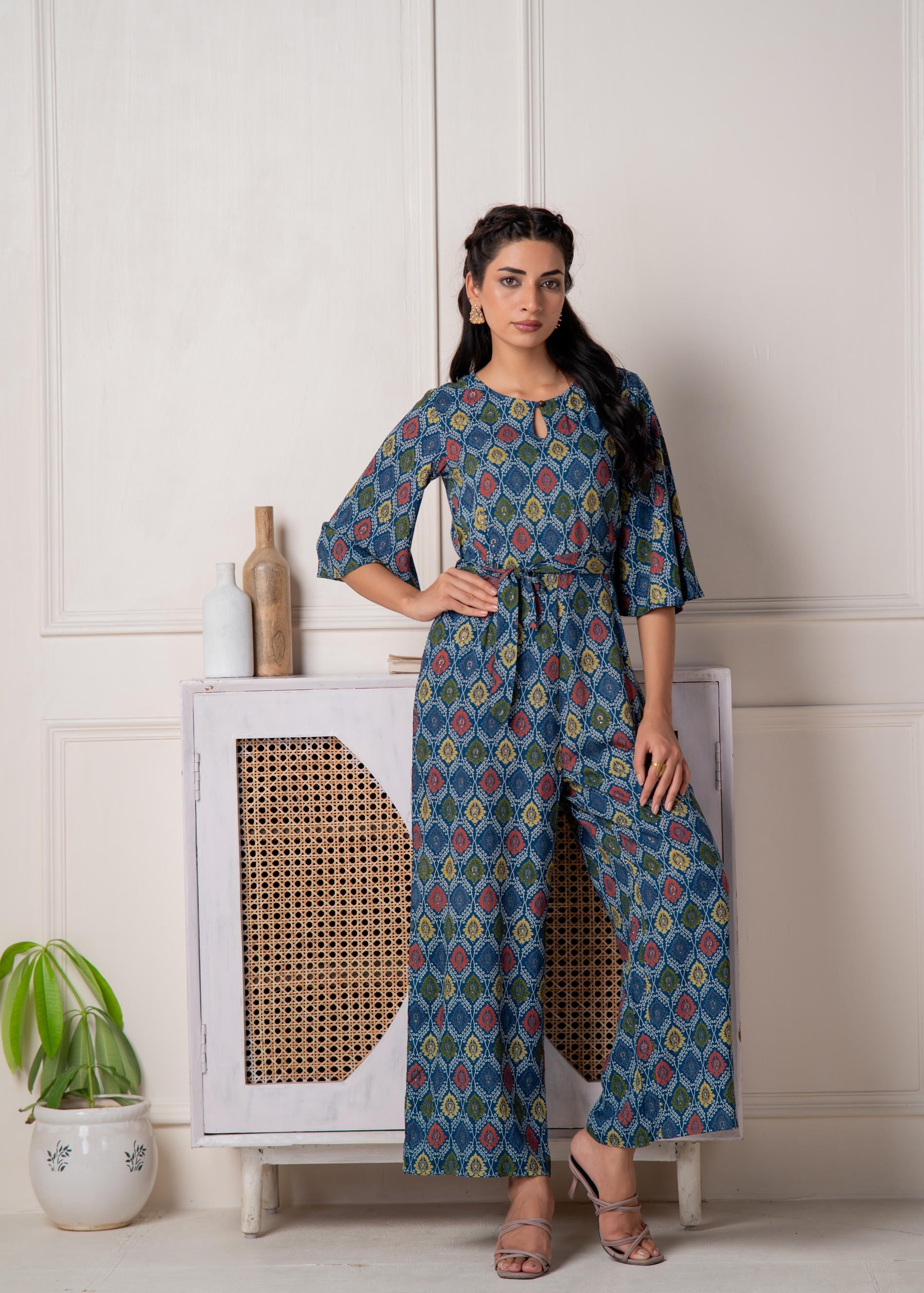 Teal Floral Printed Viscose Jumpsuit with Belt | DesiQlo