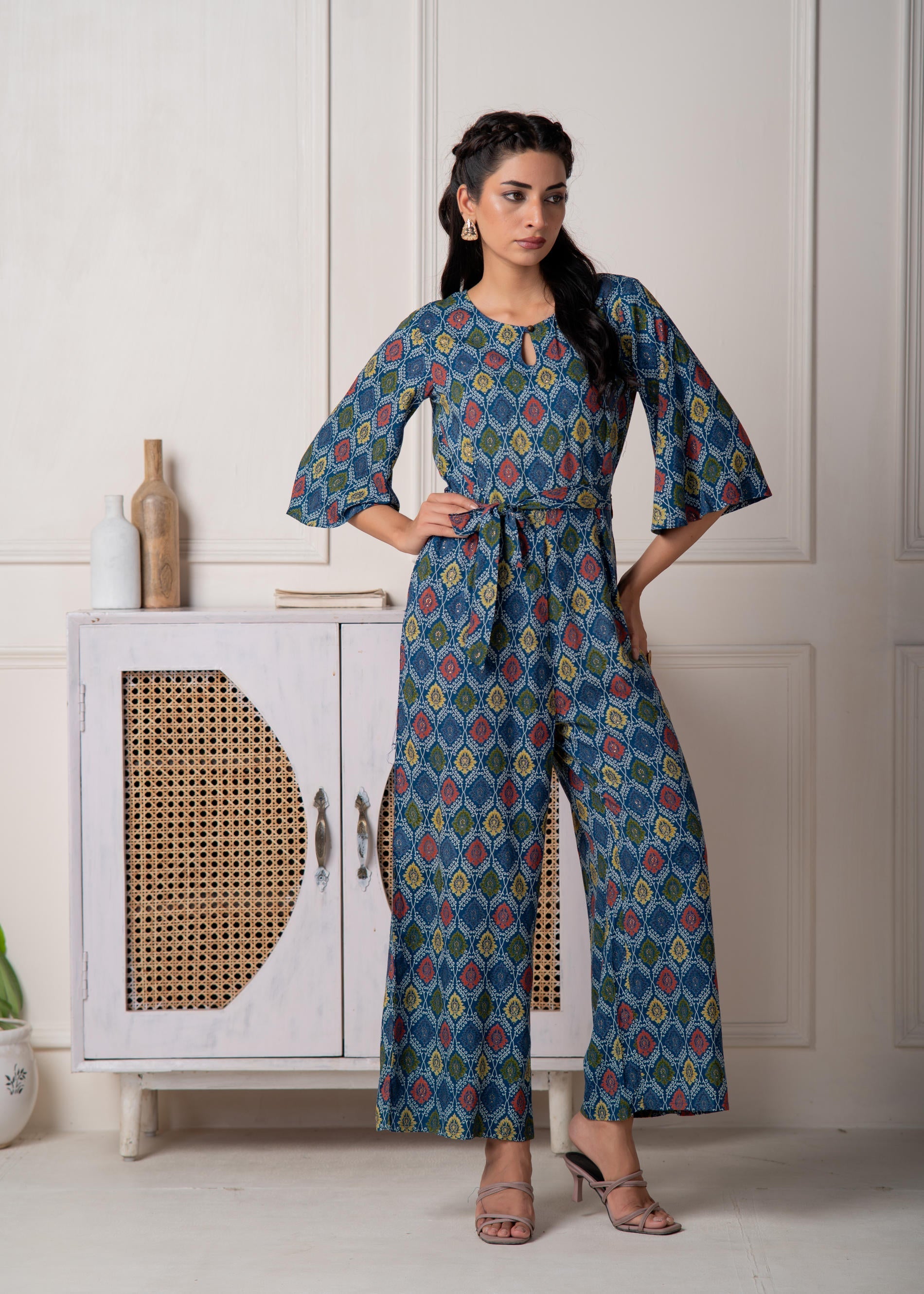 Teal Floral Printed Viscose Jumpsuit with Belt | DesiQlo