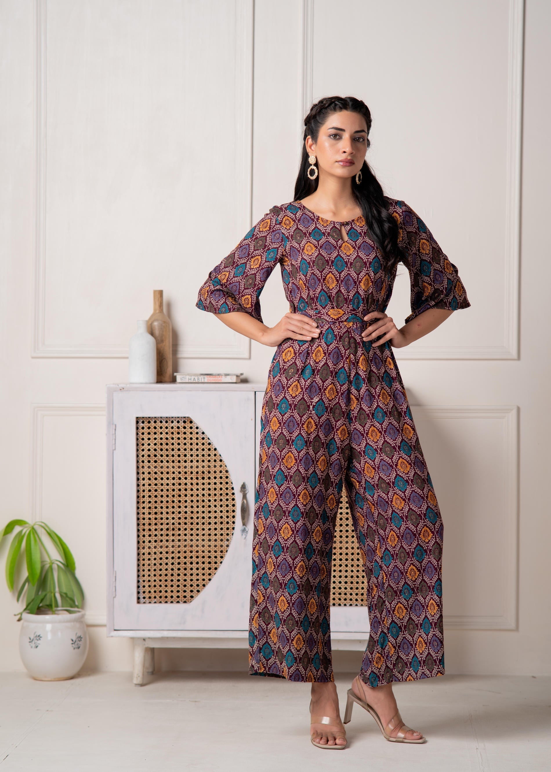 Wine Floral Printed Viscose Jumpsuit with Belt | DesiQlo